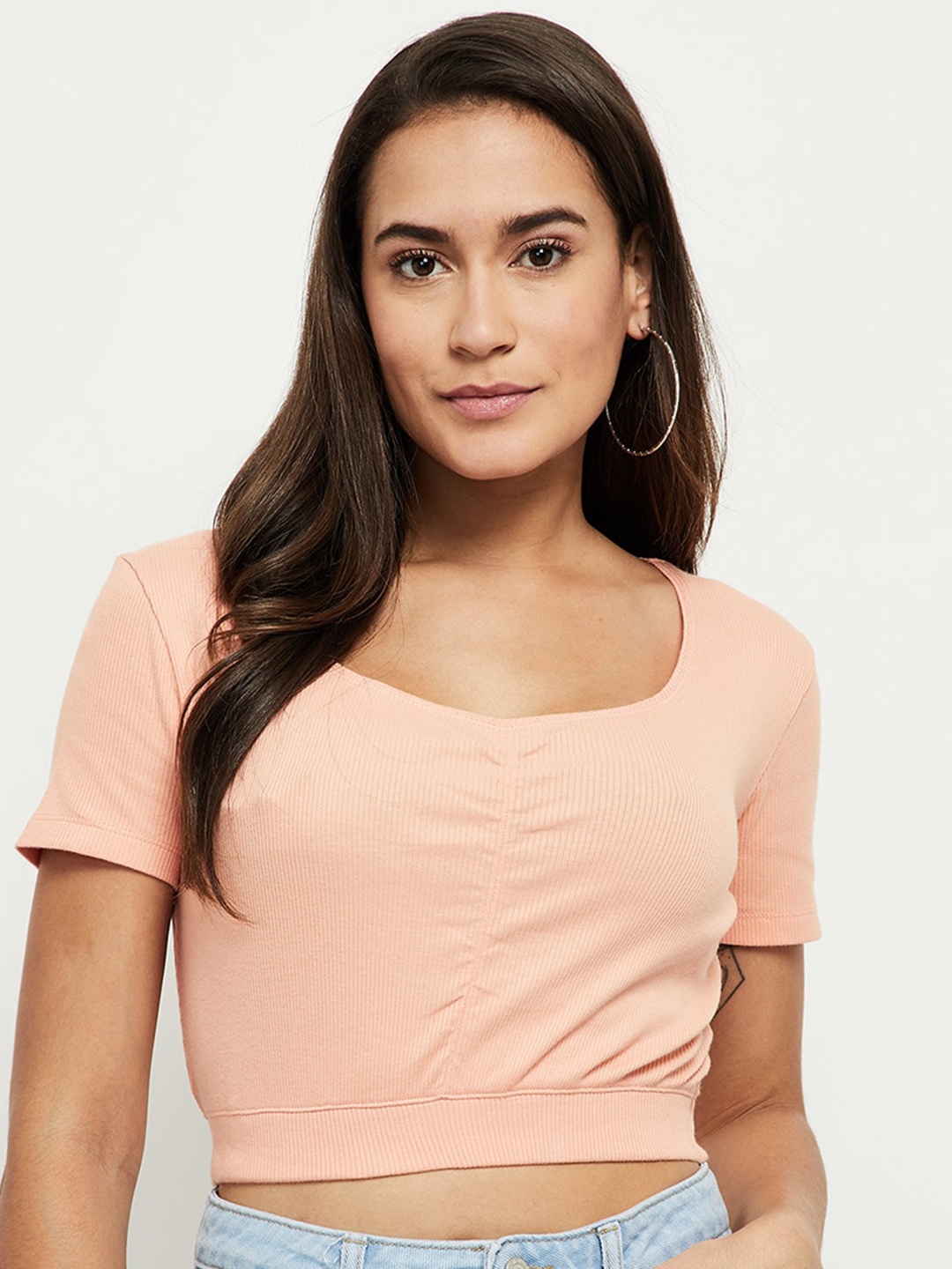 

max Peach-Coloured Striped Crop Top