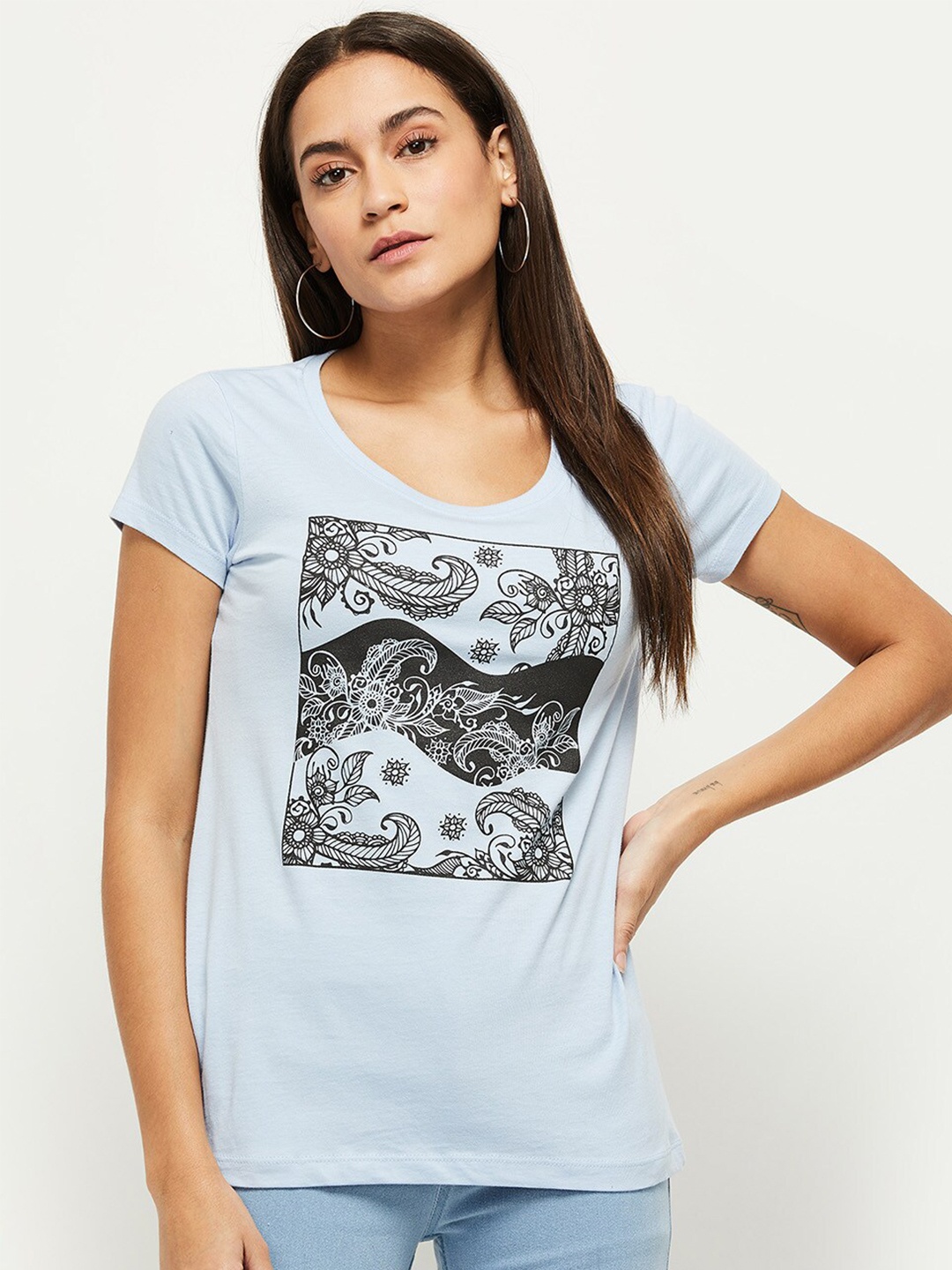 

max Women Blue Printed T-shirt