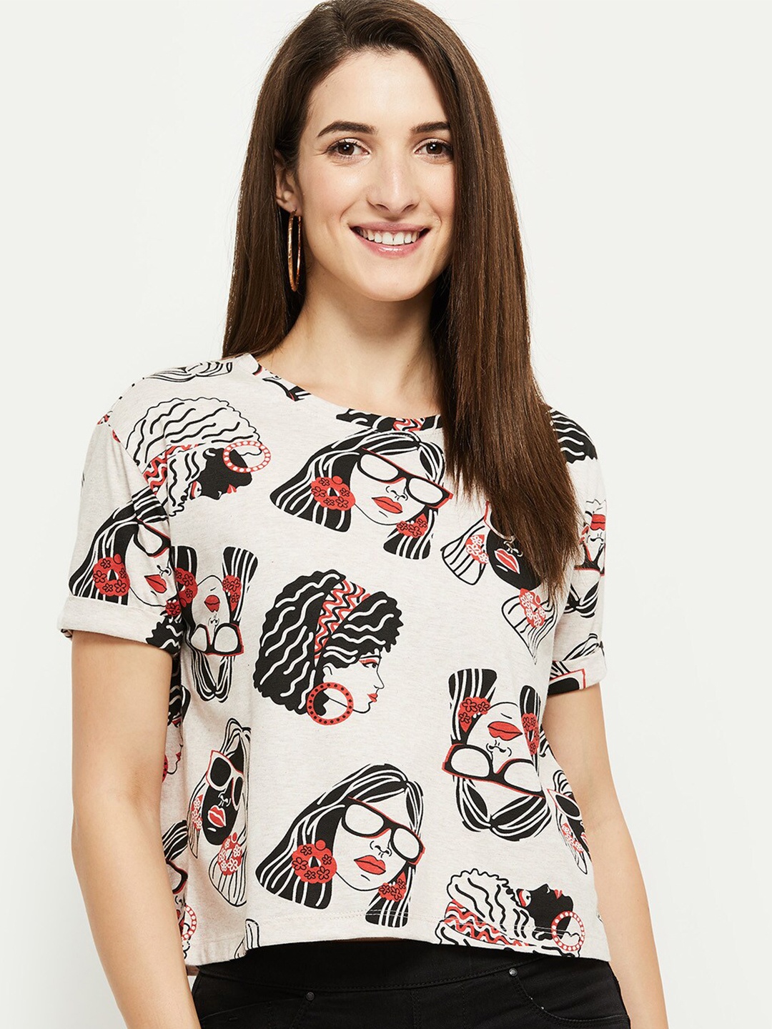 

max Women Beige Printed Cotton T-shirt