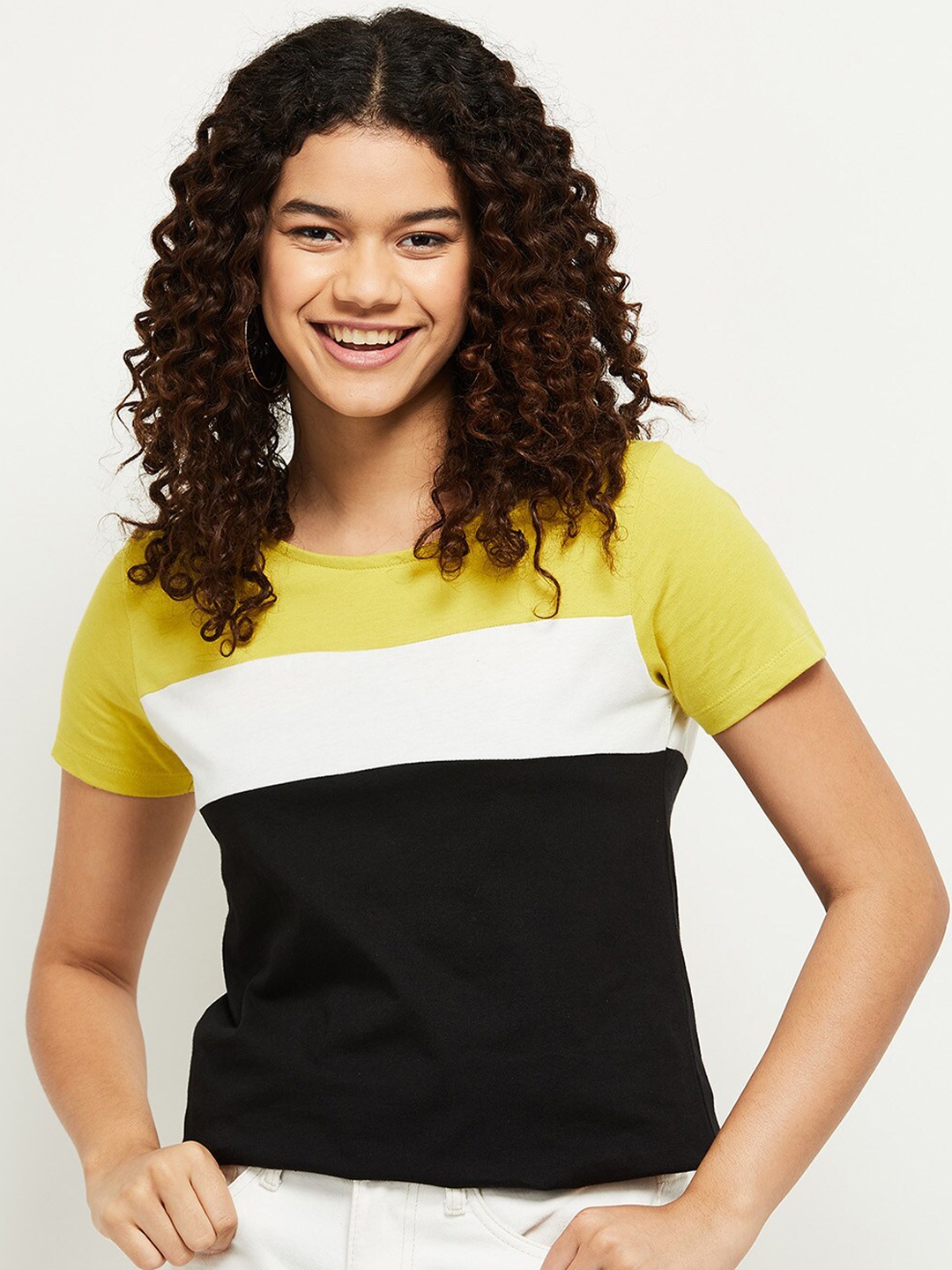 

max Women Yellow & Black Colourblocked Pure Cotton T-shirt