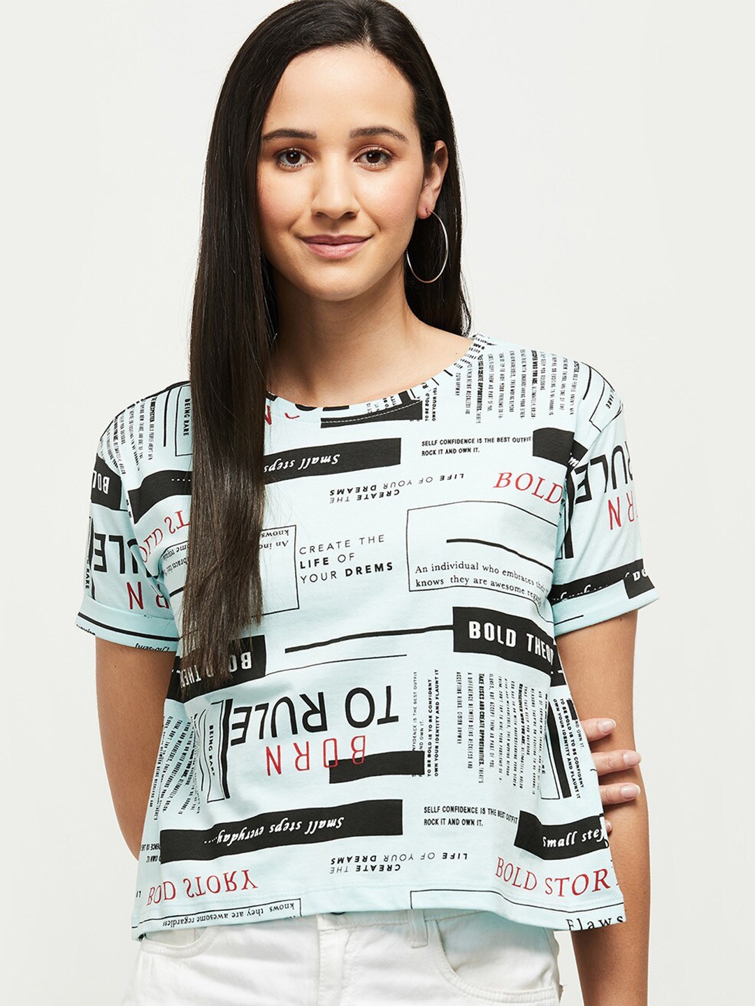 

max Women Sea Green & Black Typography Printed Pure Cotton T-shirt
