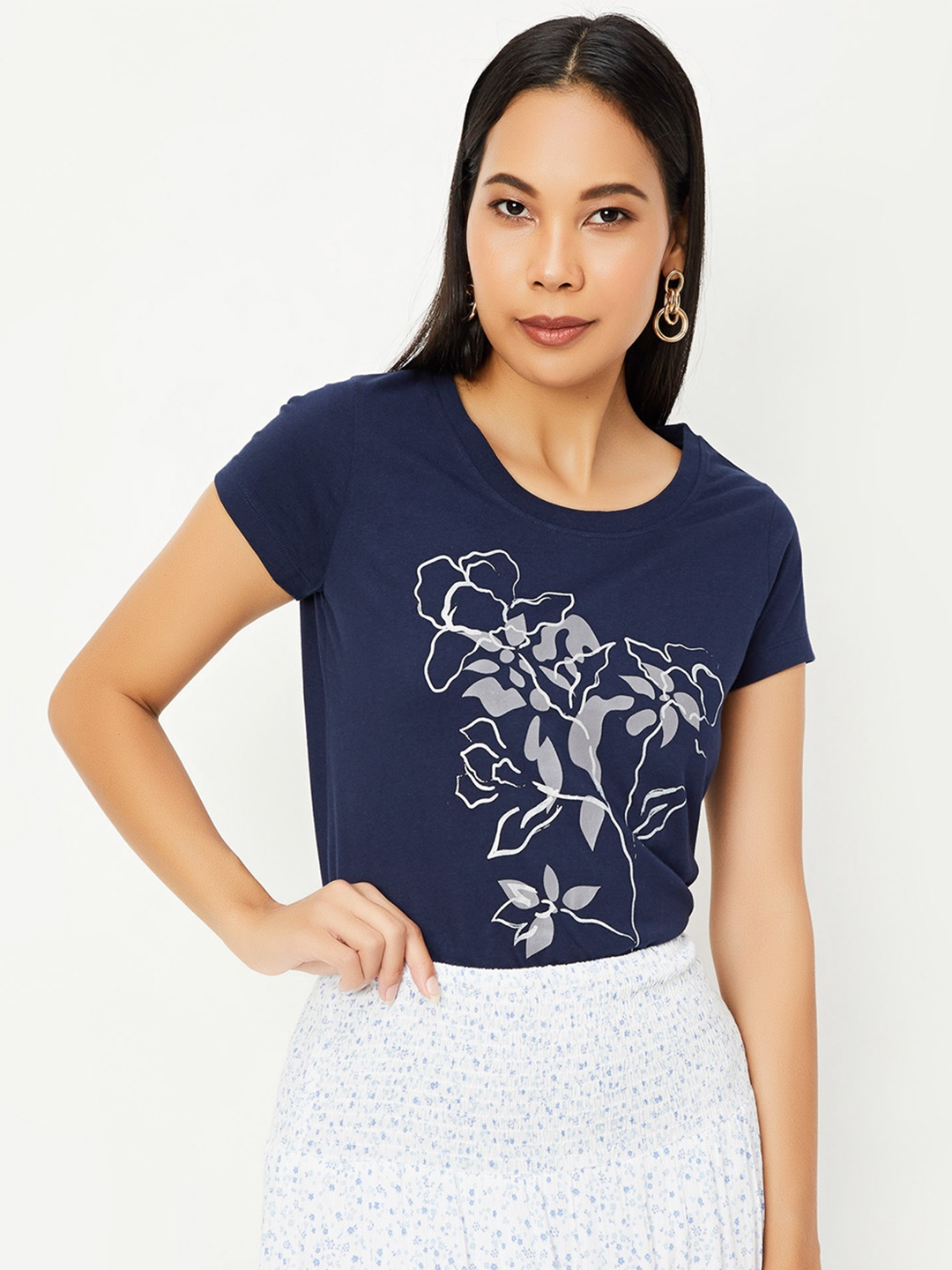 

max Women Navy Blue Printed Pure Cotton T-shirt