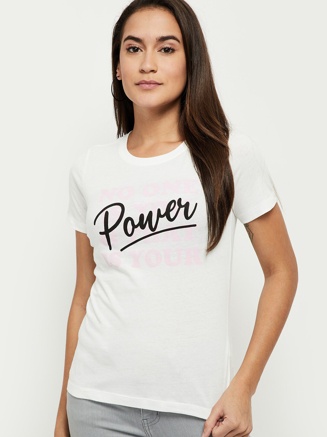 

max Women Off White Typography Printed T-shirt