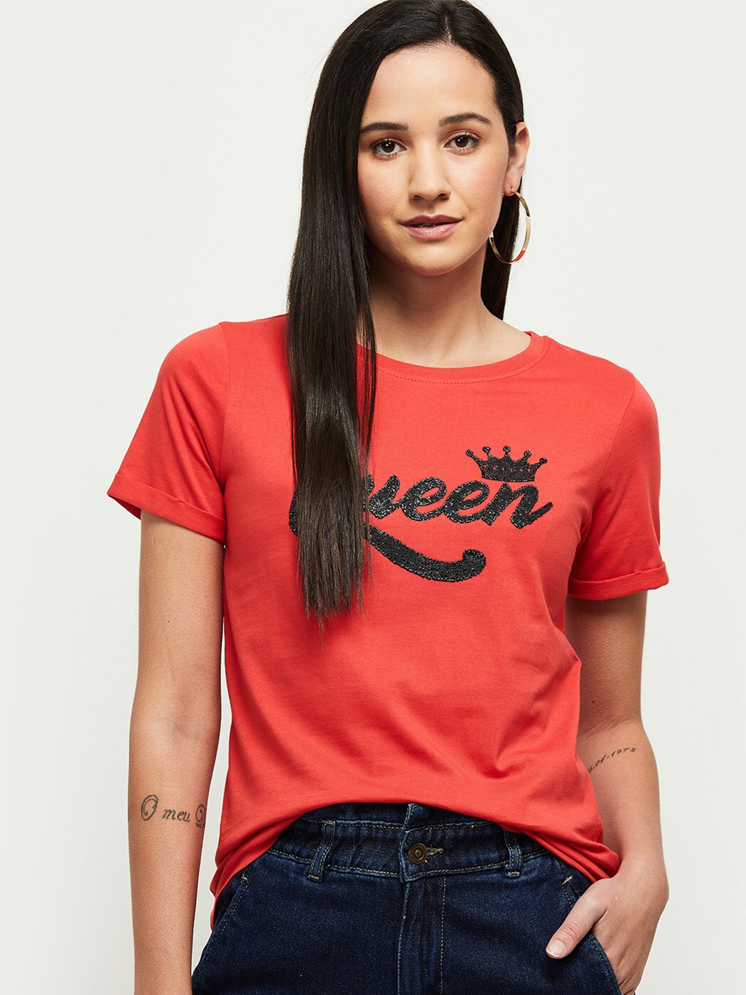 

max Women Red Typography Printed Cotton T-shirt
