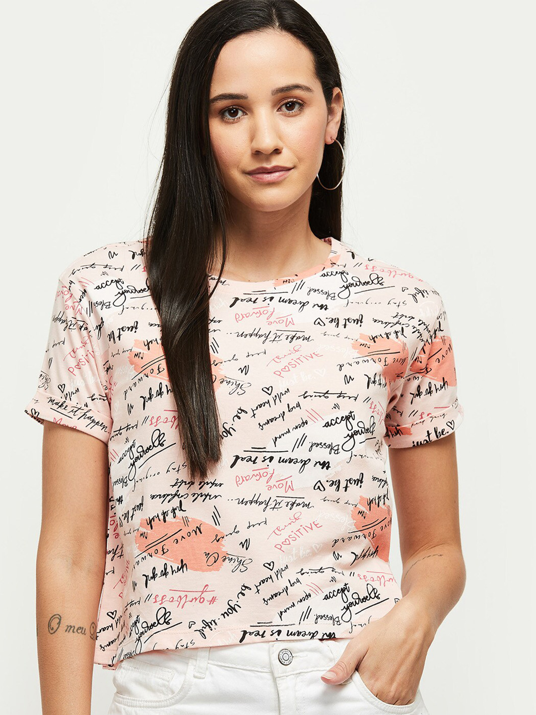 

max Women Pink Typography Printed Cotton T-shirt