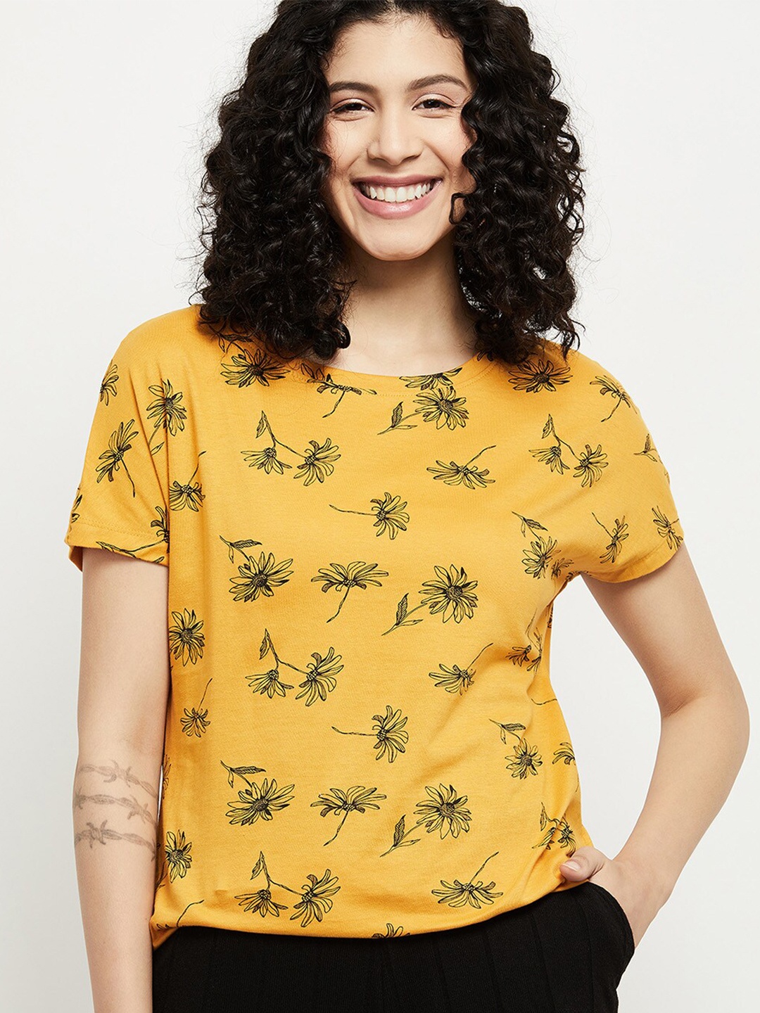 

max Women Yellow & Black Floral Printed T-shirt