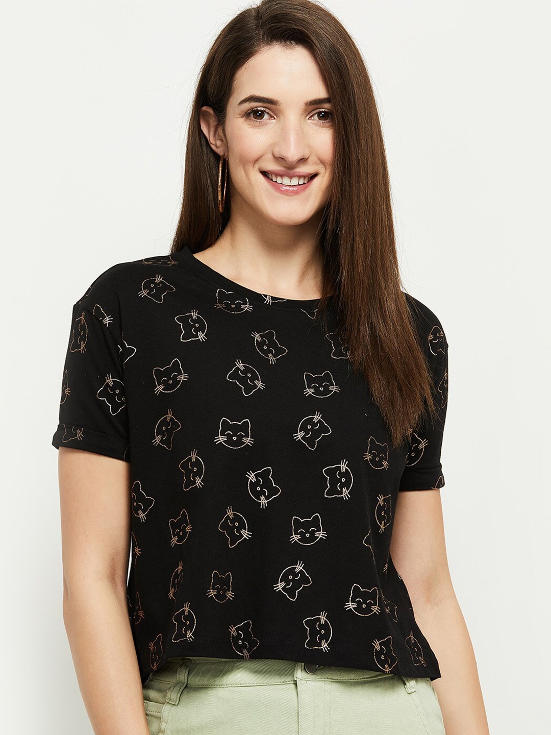 

max Women Black Printed Regular Fit Pure Cotton T-shirt