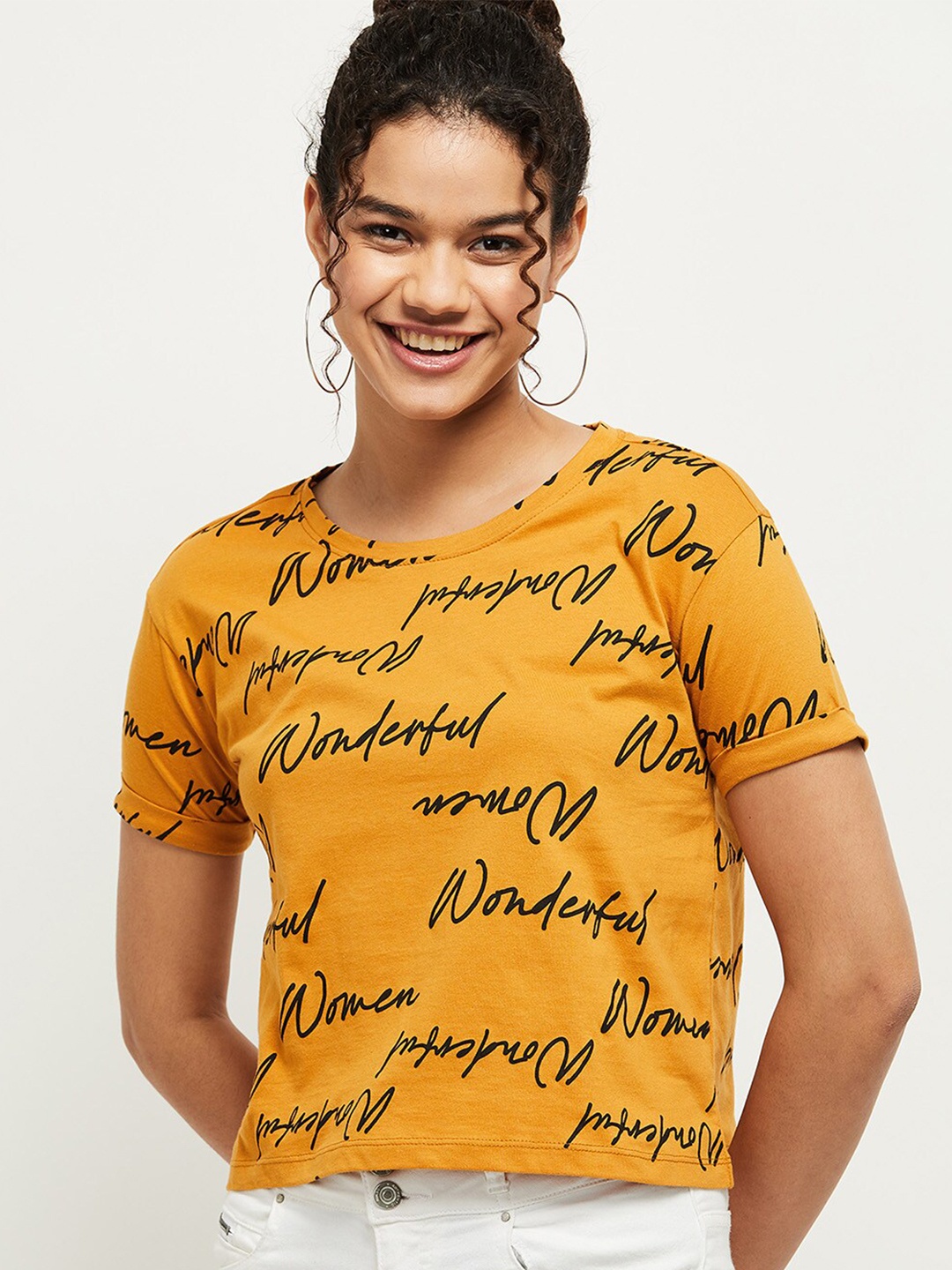 

max Women Yellow Printed Extended Sleeves T-shirt