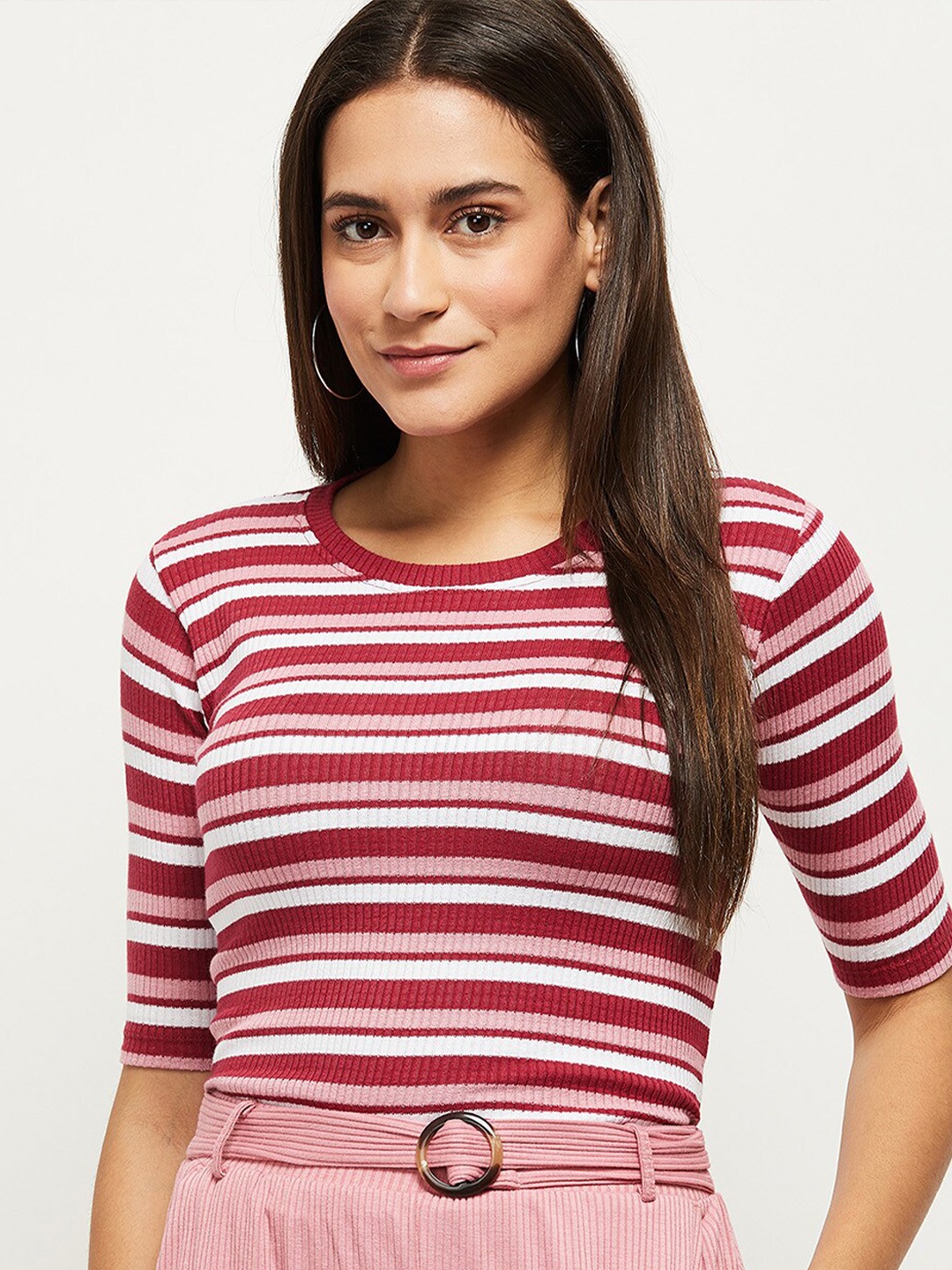 

max Women Maroon & White Striped T-shirt