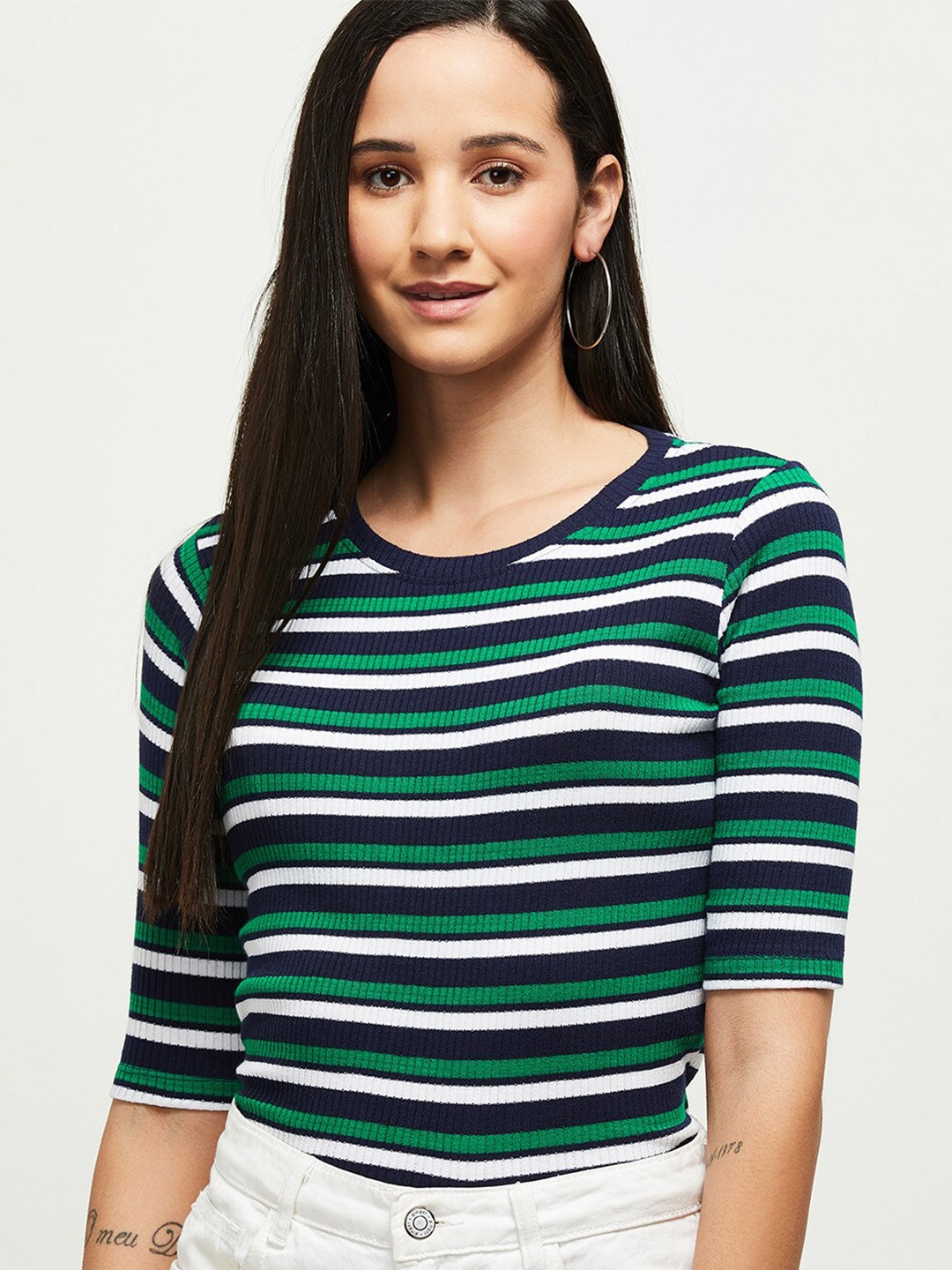 

max Women Navy Blue & White Striped Round Neck T-shirt
