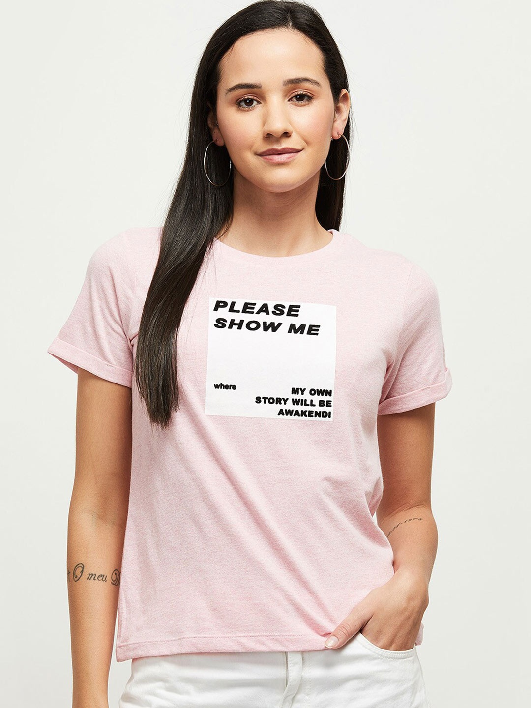 

max Women Pink Typography Printed Cotton T-shirt