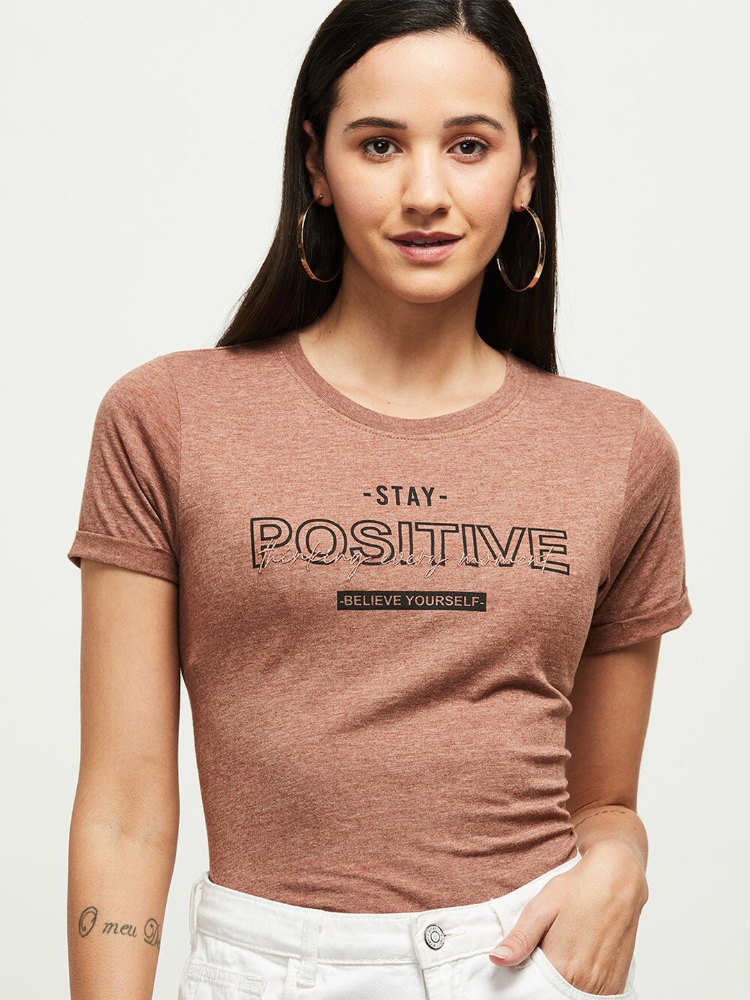 

max Women Brown Typography Printed T-shirt