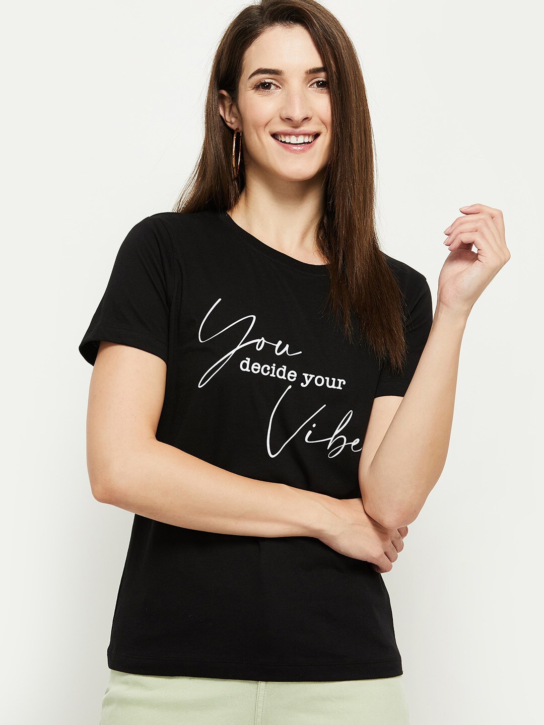 

max Women Black & White Typography Printed Pure Cotton T-shirt