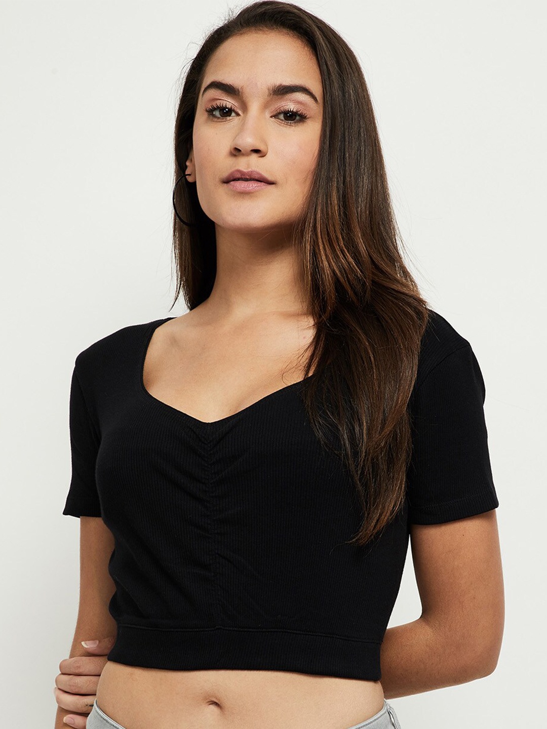 

max Women Black Self Design Cotton Crop T-shirt