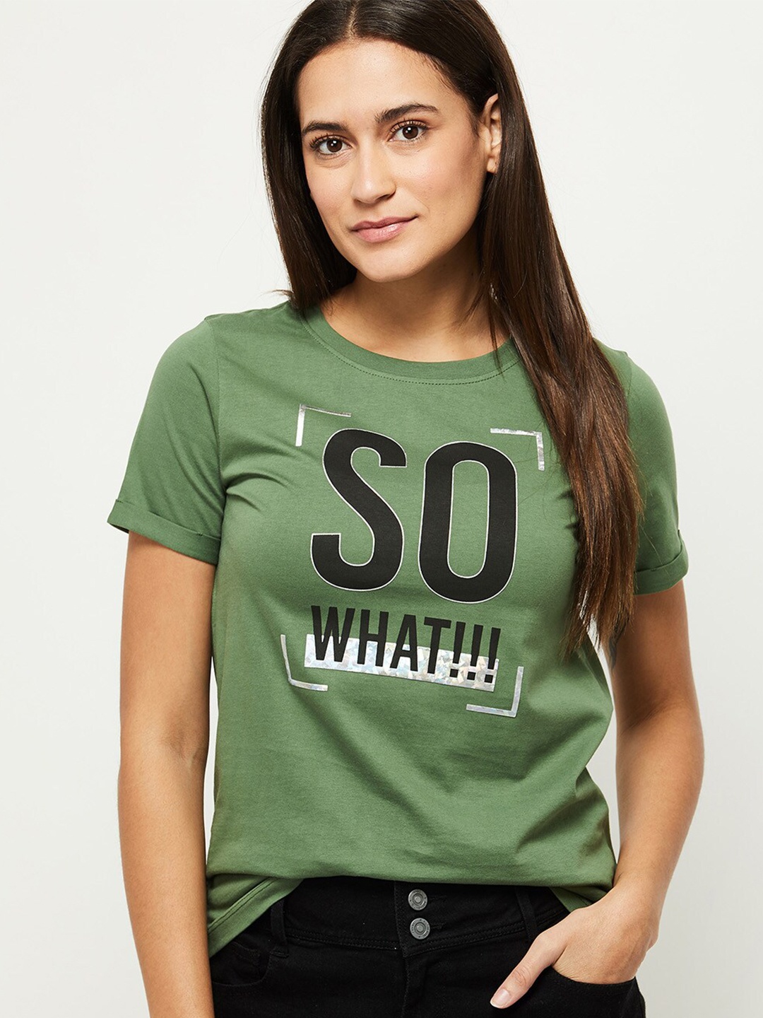 

max Women Green Typography Printed Cotton T-shirt