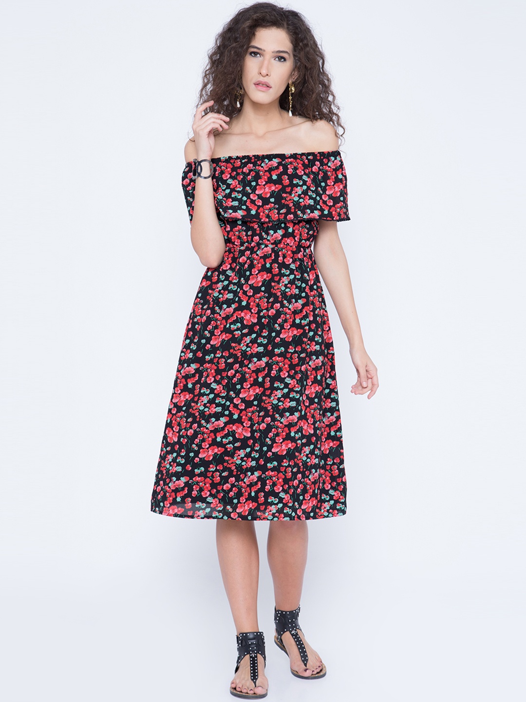 

Tokyo Talkies Women Black Printed Off-Shoulder A-Line Dress