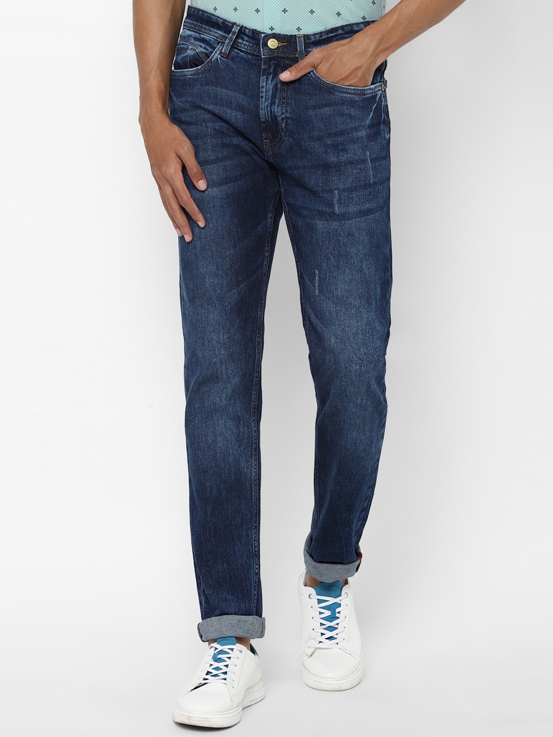 

Allen Solly Men Navy Blue Skinny Fit Low Distress Heavy Fade Cotton Jeans