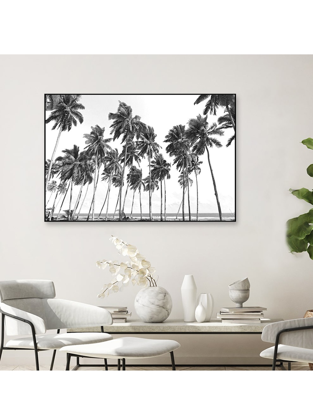

WALLMANTRA Grey Coconut Trees Framed Canvas Wall Painting