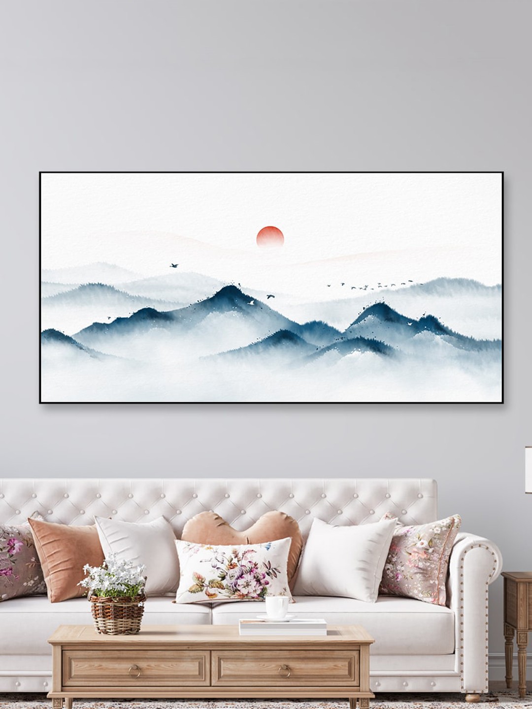

WALLMANTRA White & Blue Zen Life Framed Canvas Wall Painting
