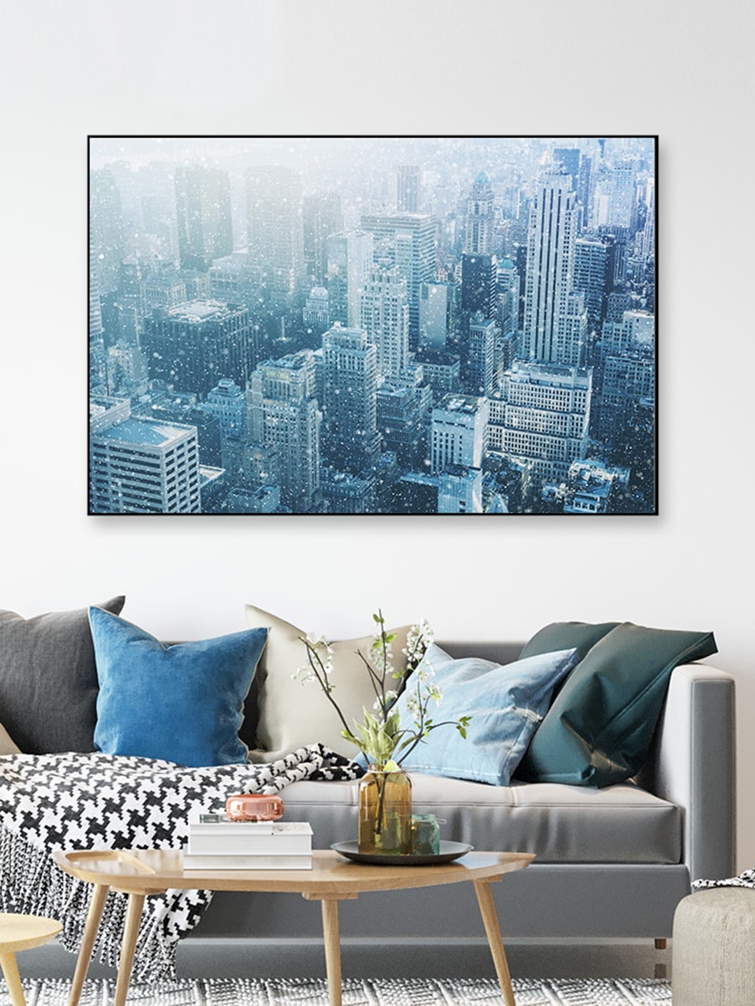 

WALLMANTRA Urban Manhattan Skyscraper Framed Canvas Wall Painting, Blue