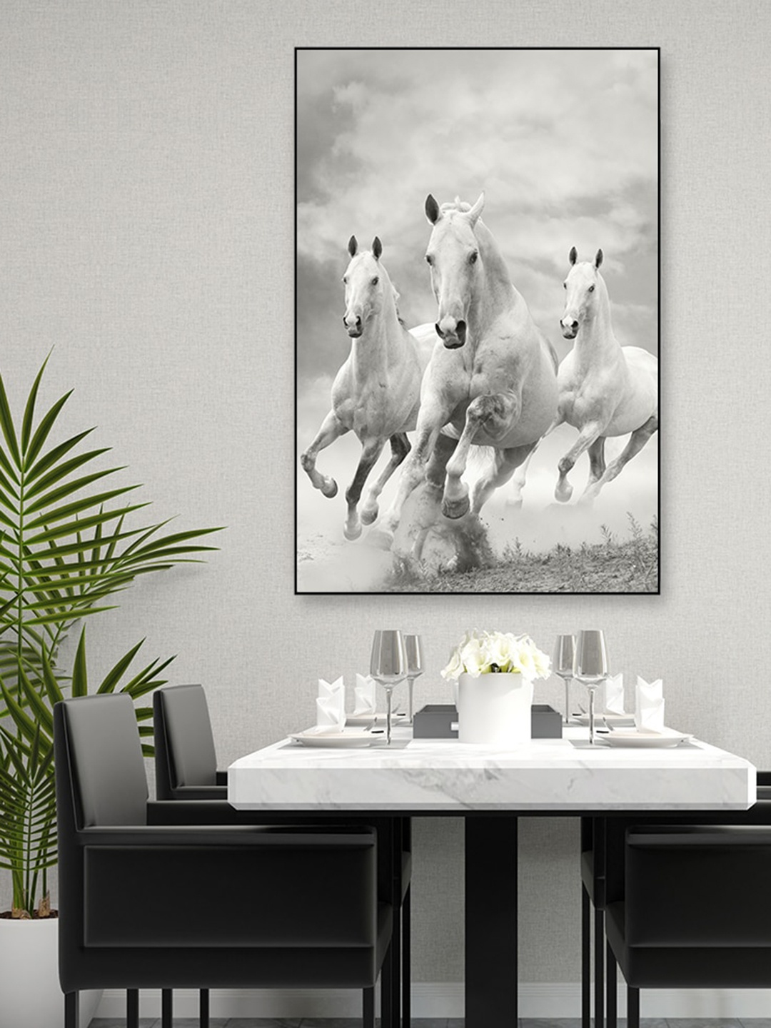 

WALLMANTRA Grey Monochromic White Running Horses Framed Canvas Wall Painting