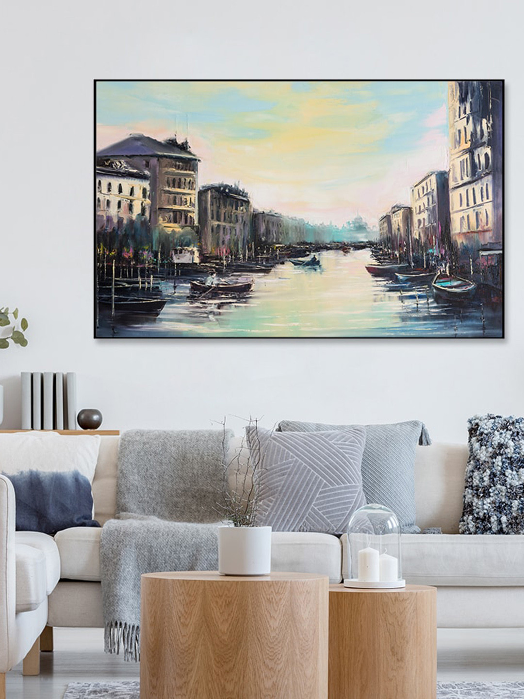 

WALLMANTRA Blue City of Canals Framed Canvas Wall Painting