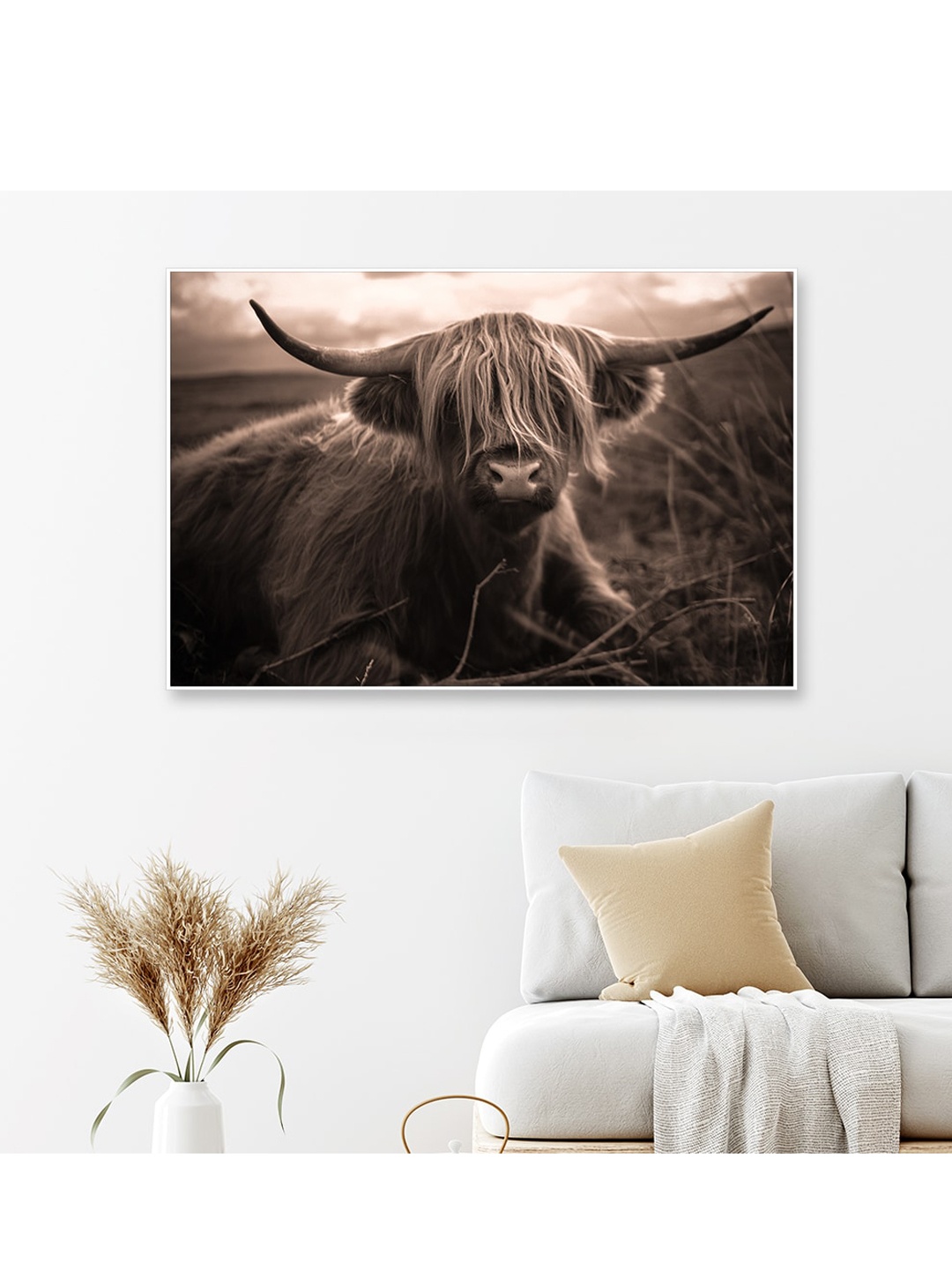 

WALLMANTRA Grey Scottish Highland Cow Framed Canvas Wall Painting