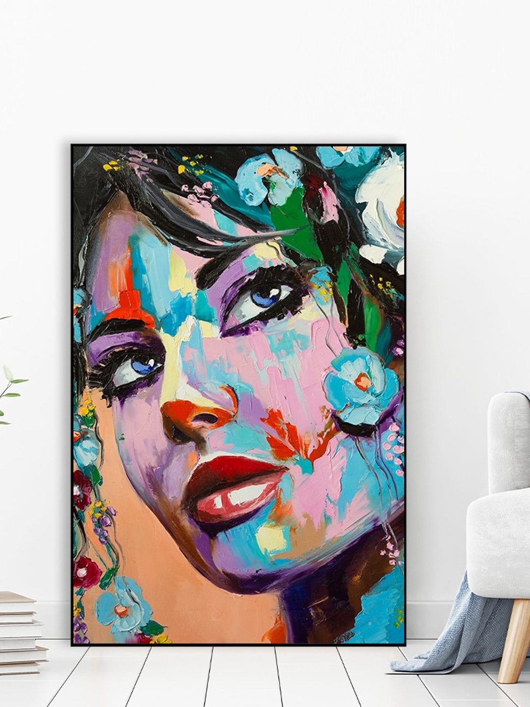 

WALLMANTRA Multicoloured Mysterious Flower Girl Framed Canvas Wall Painting, Multi
