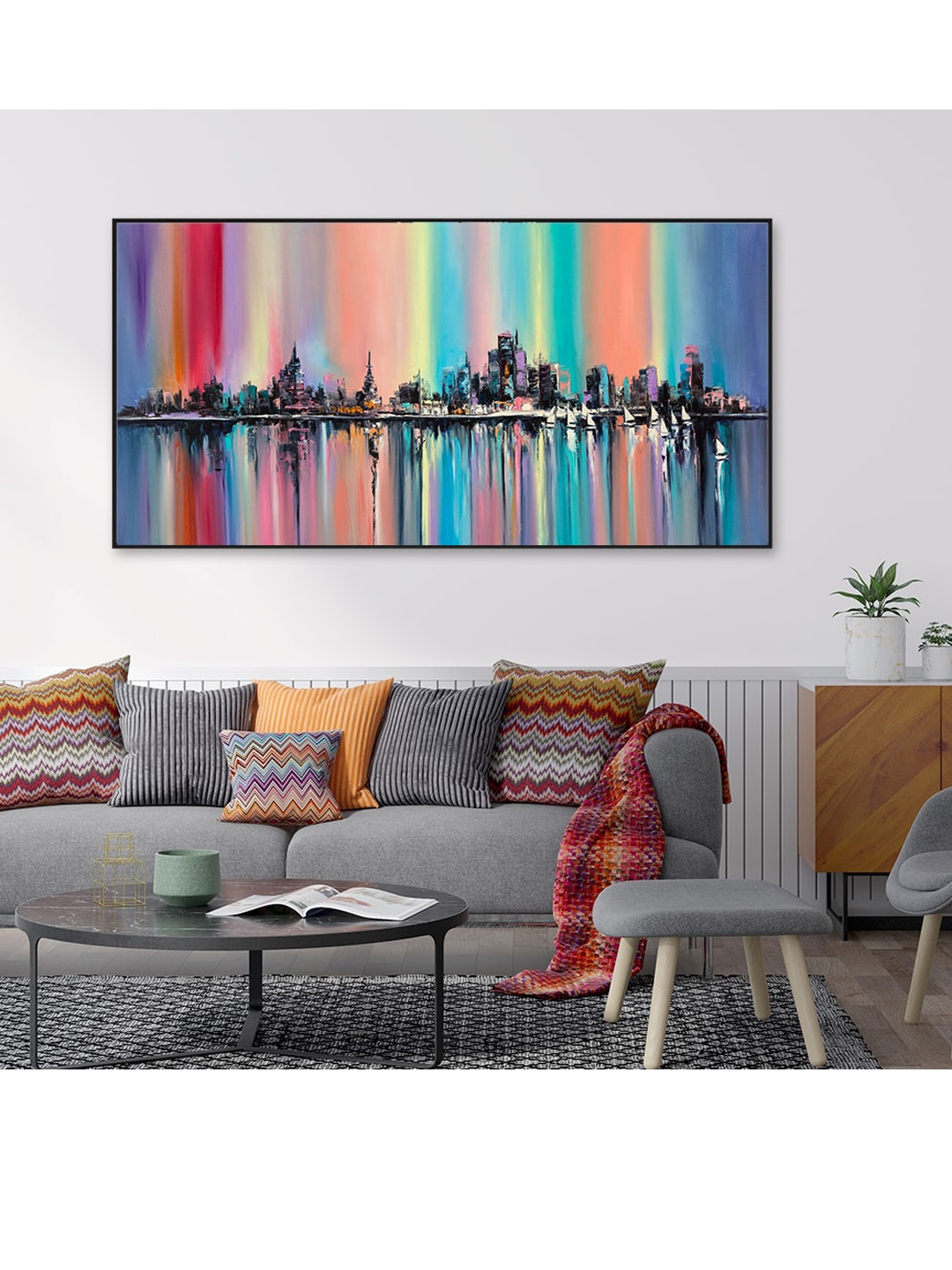 

WALLMANTRA Multicoloured The Rainbow City Abstract Framed Canvas Wall Painting, Multi