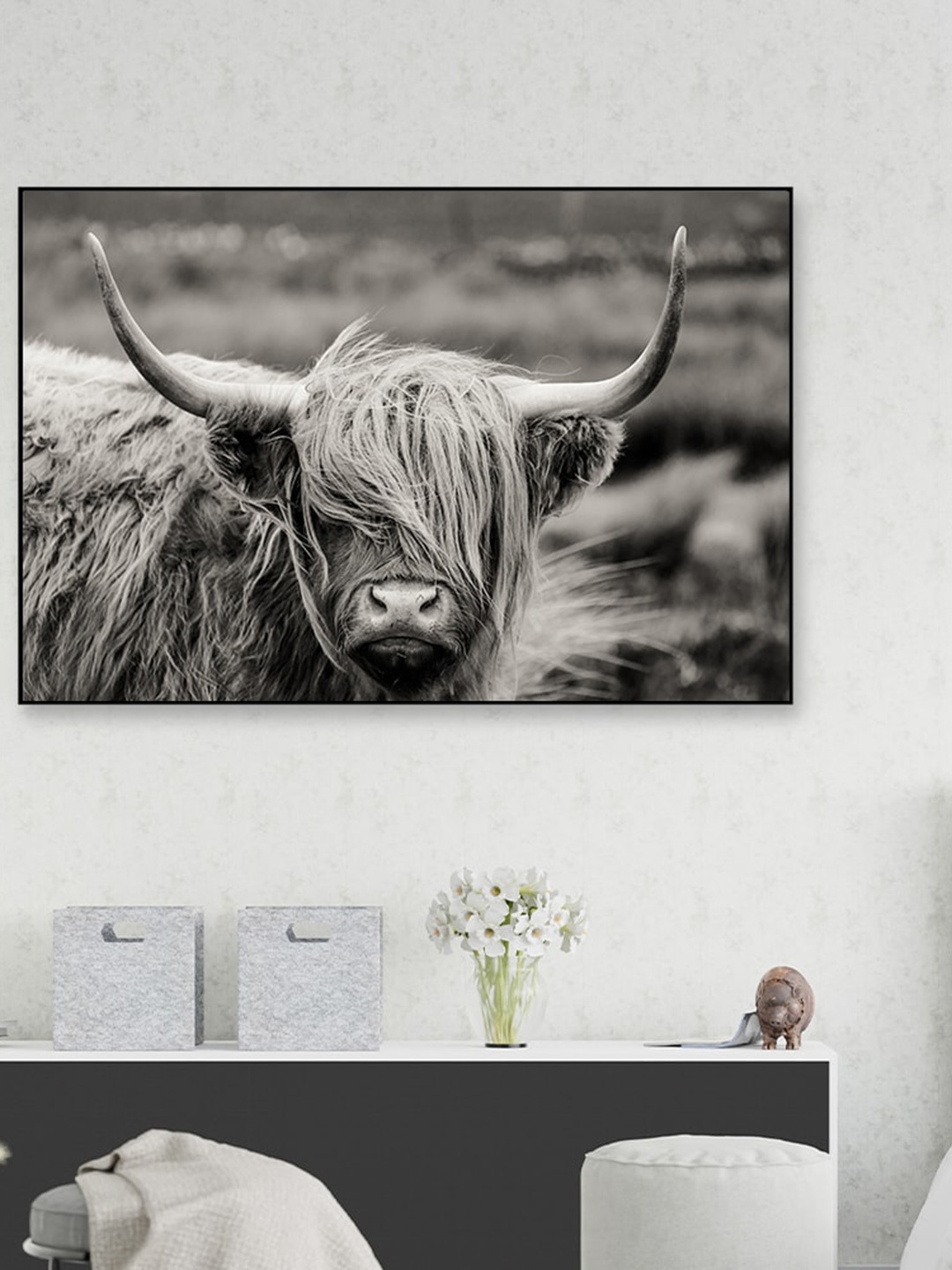 

WALLMANTRA Grey Highland Cow Framed Canvas Wall Painting