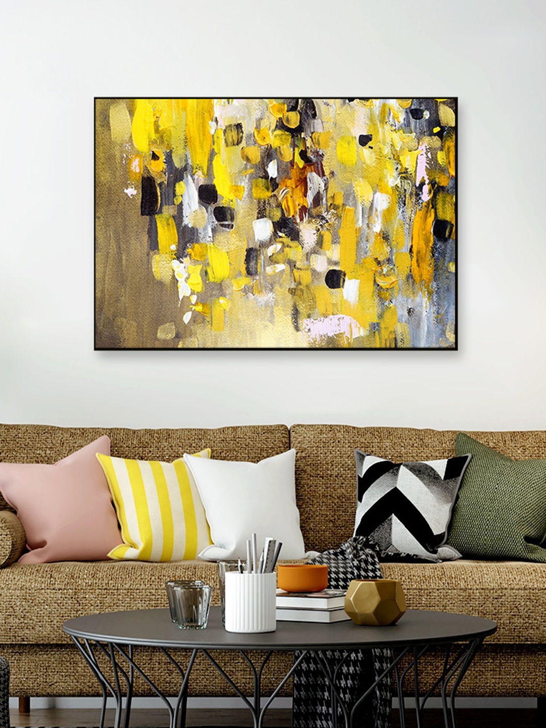 

WALLMANTRA Yellow Abstract Canvas Framed Wall Painting