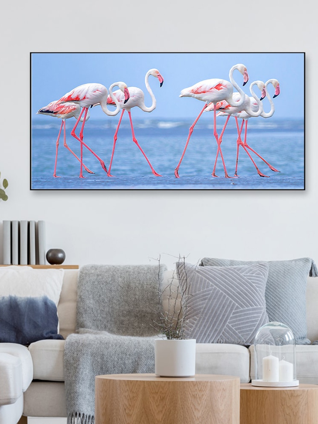 

WALLMANTRA Blue & White Tropical Flamingo Framed Canvas Wall Painting