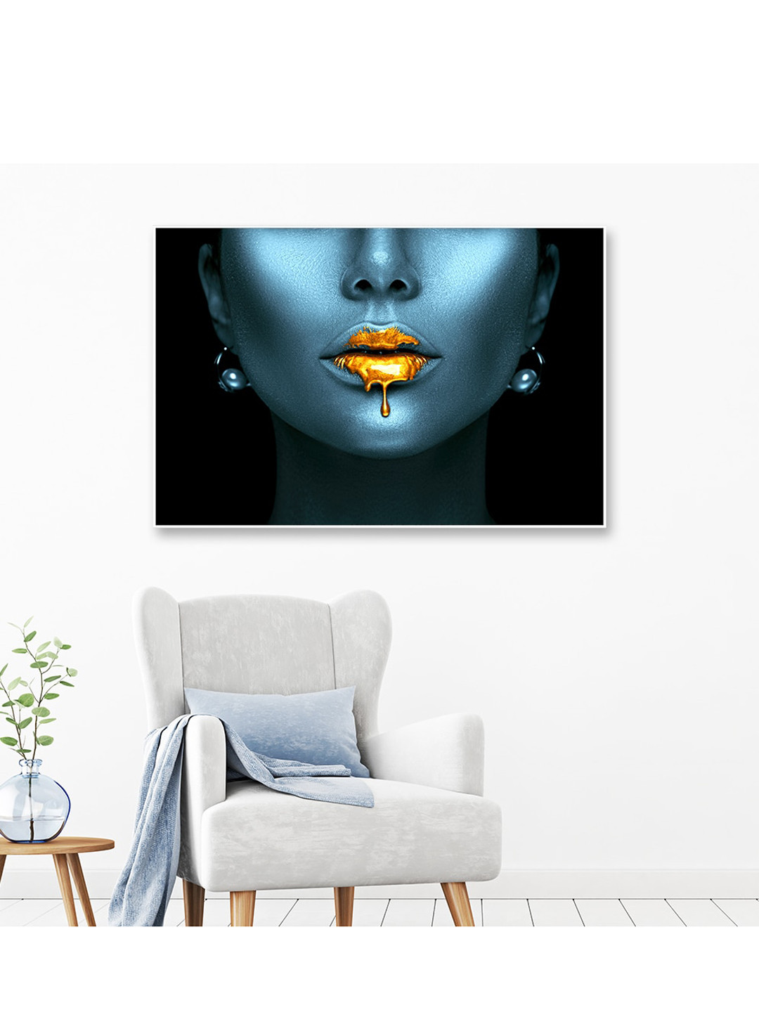 

WALLMANTRA Blue The Euphoria Makeup Framed Canvas Wall Painting