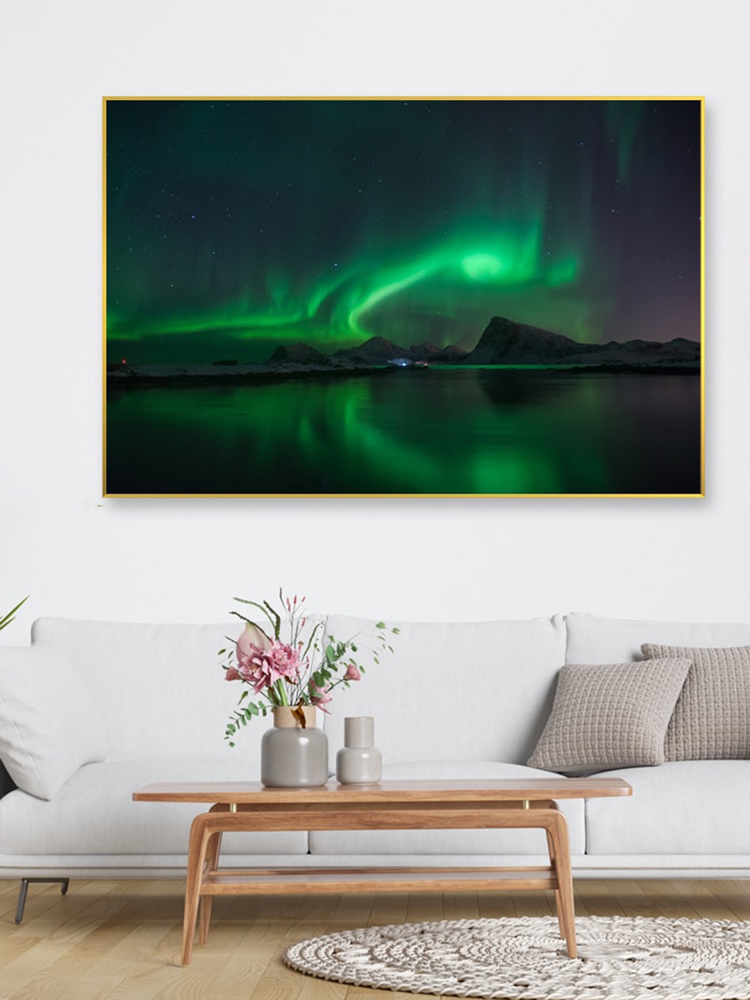 

WALLMANTRA Green Illuminated Lofoten Islands Framed Canvas Wall Painting