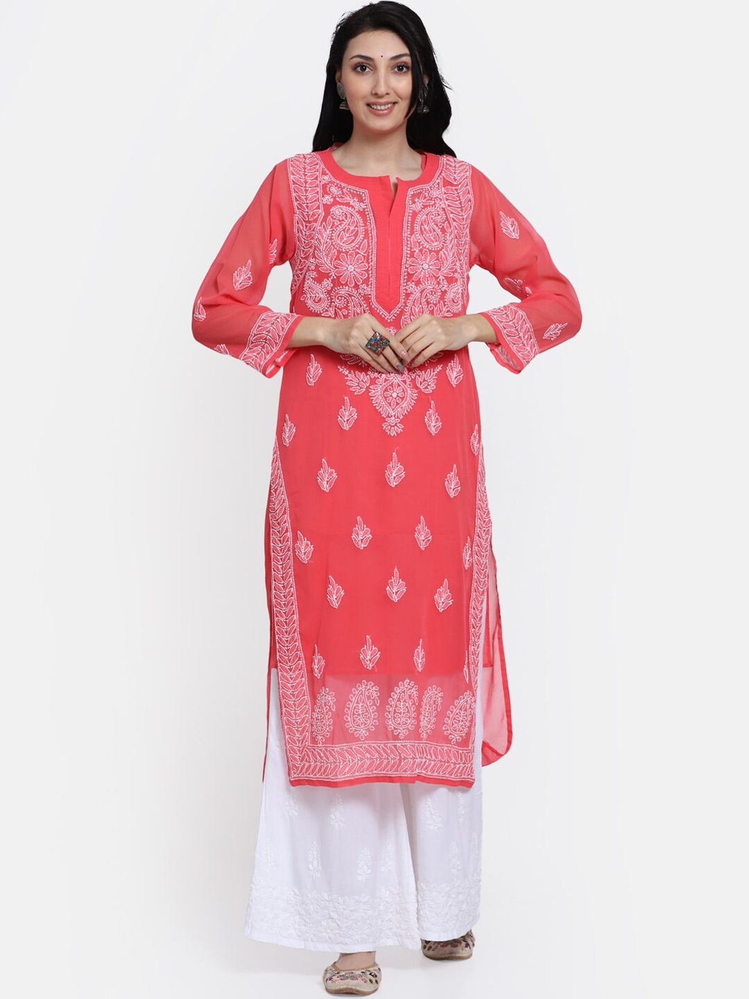 

PARAMOUNT CHIKAN Women Coral Ethnic Motifs Embroidered Chikankari Georgette Kurta