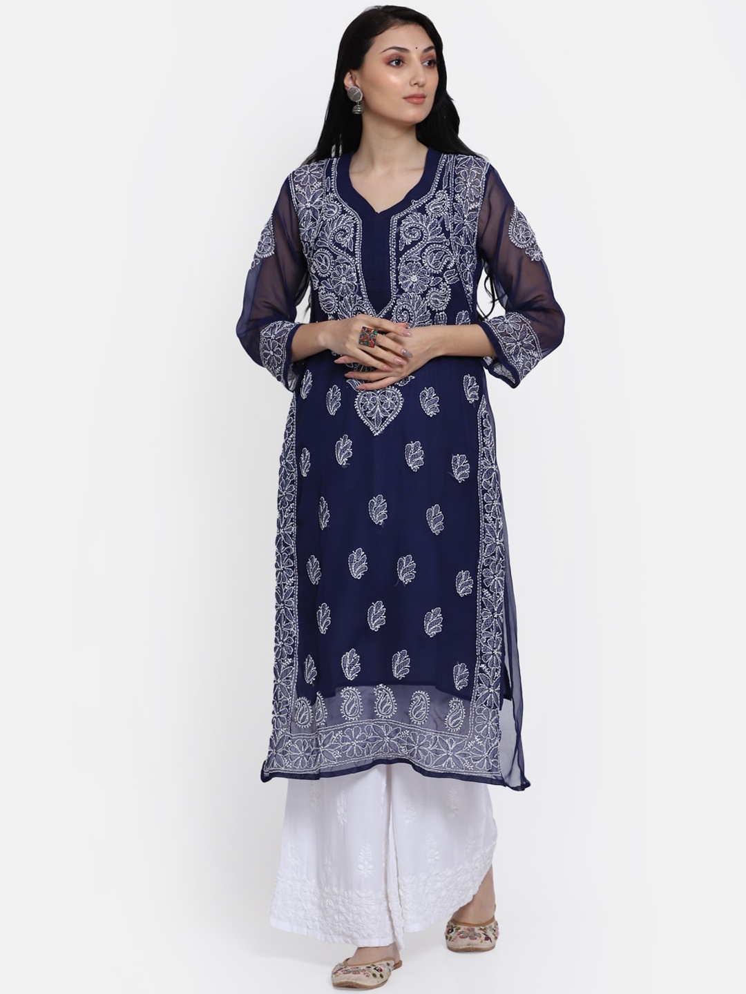 

PARAMOUNT CHIKAN Women Navy Blue Floral Embroidered Chikankari Georgette Kurta
