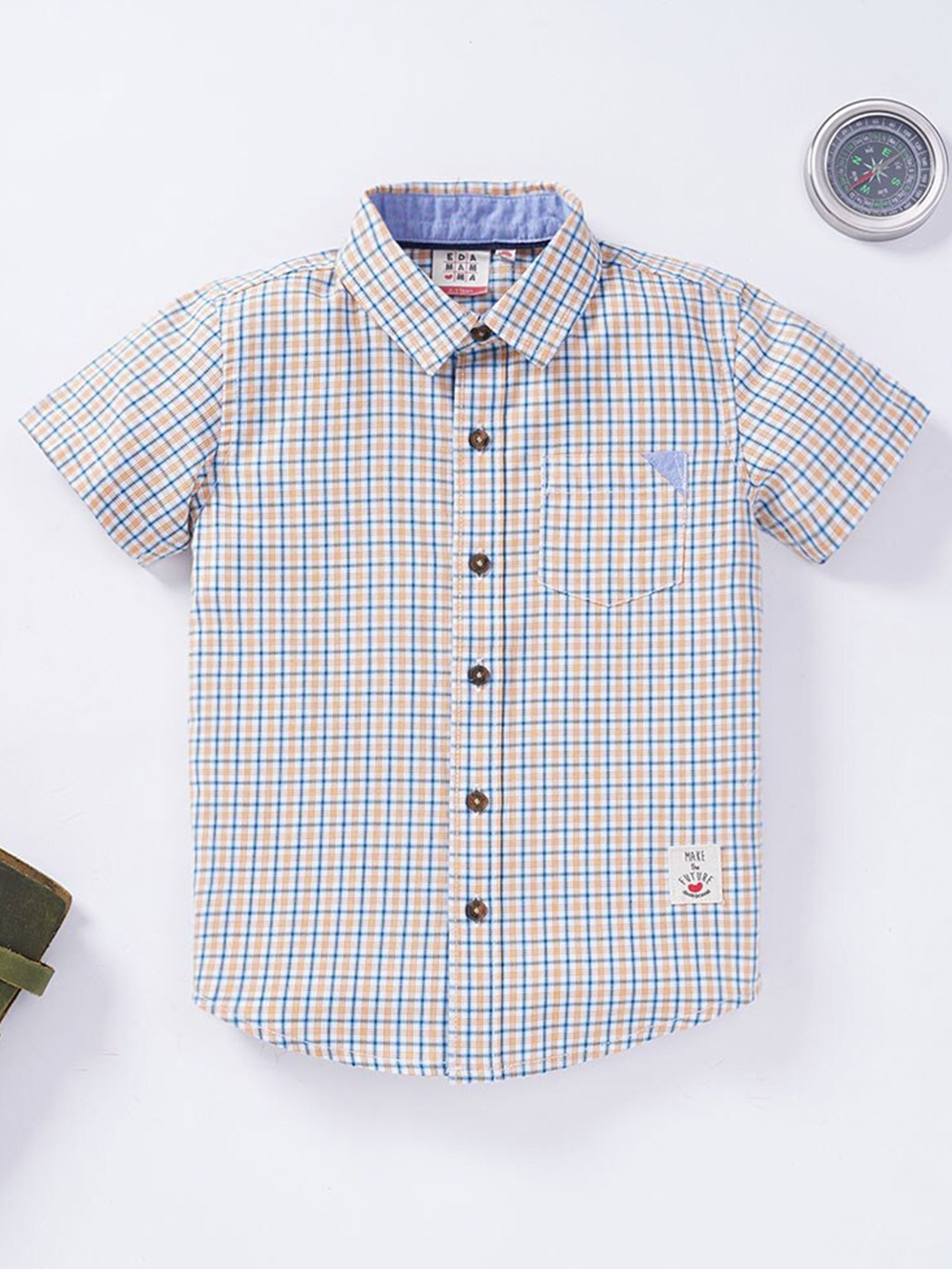 

Ed-a-Mamma Boys Peach-Coloured & Blue Checked Cotton Casual Shirt