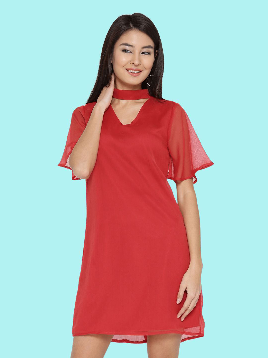 

Sera Red Choker Neck A-Line Dress