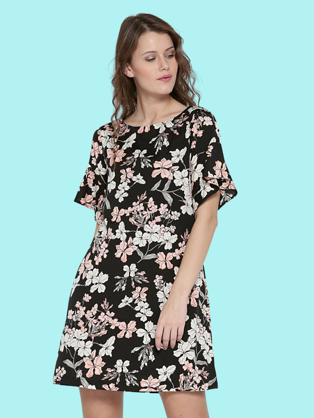 

Sera Black & Pink Floral A-Line Dress