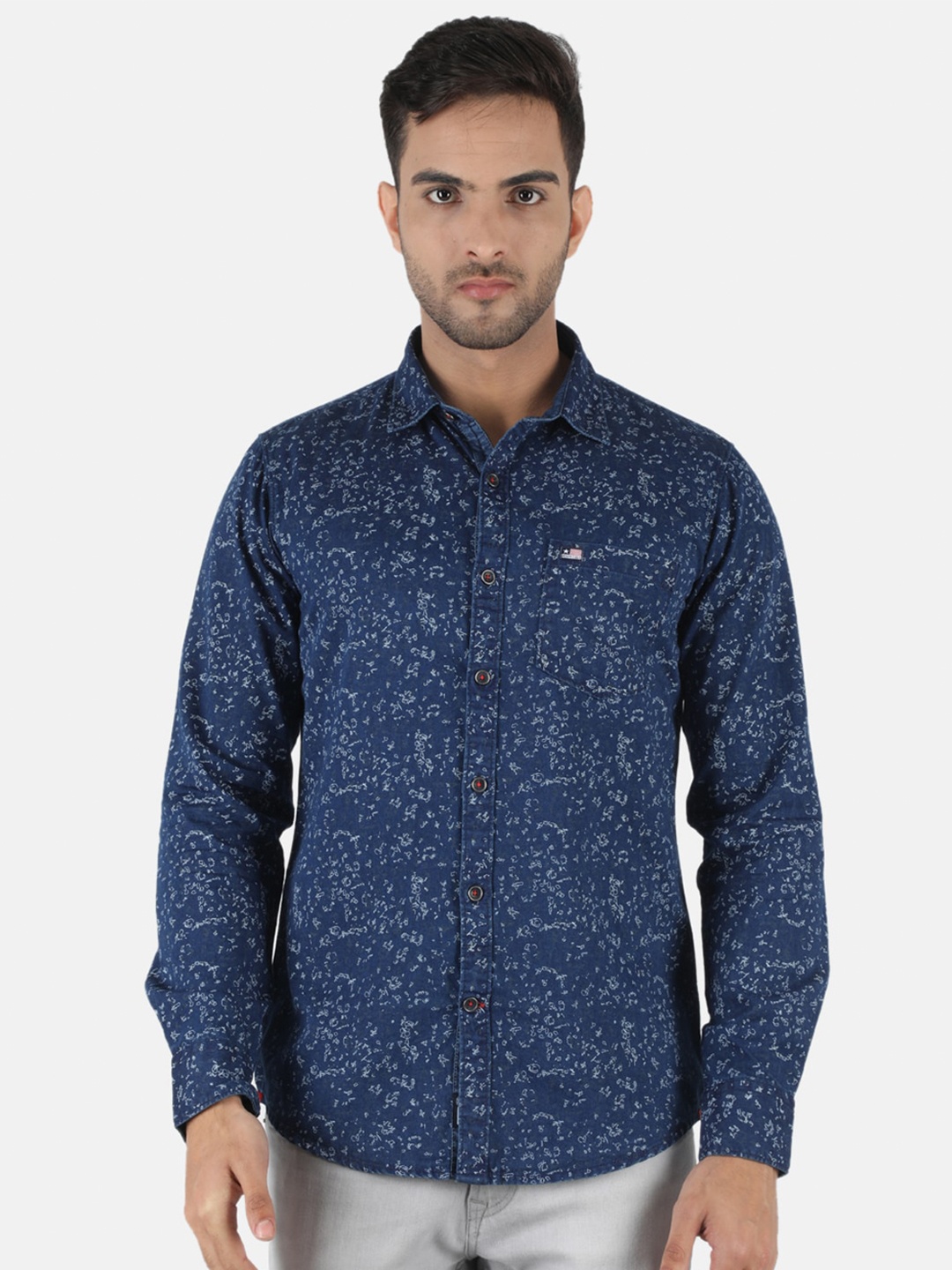 

Monte Carlo Men Navy Blue Classic Slim Fit Floral Printed Pure Cotton Casual Shirt