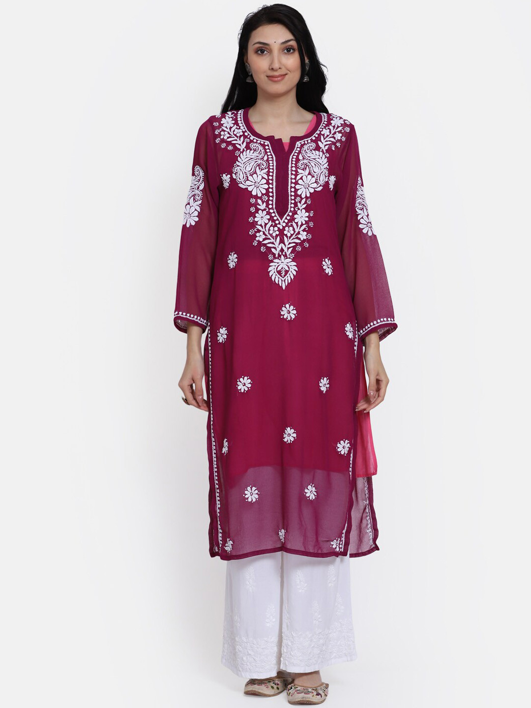 

PARAMOUNT CHIKAN Embroidered Chikankari Floral Georgette Kurta, Burgundy
