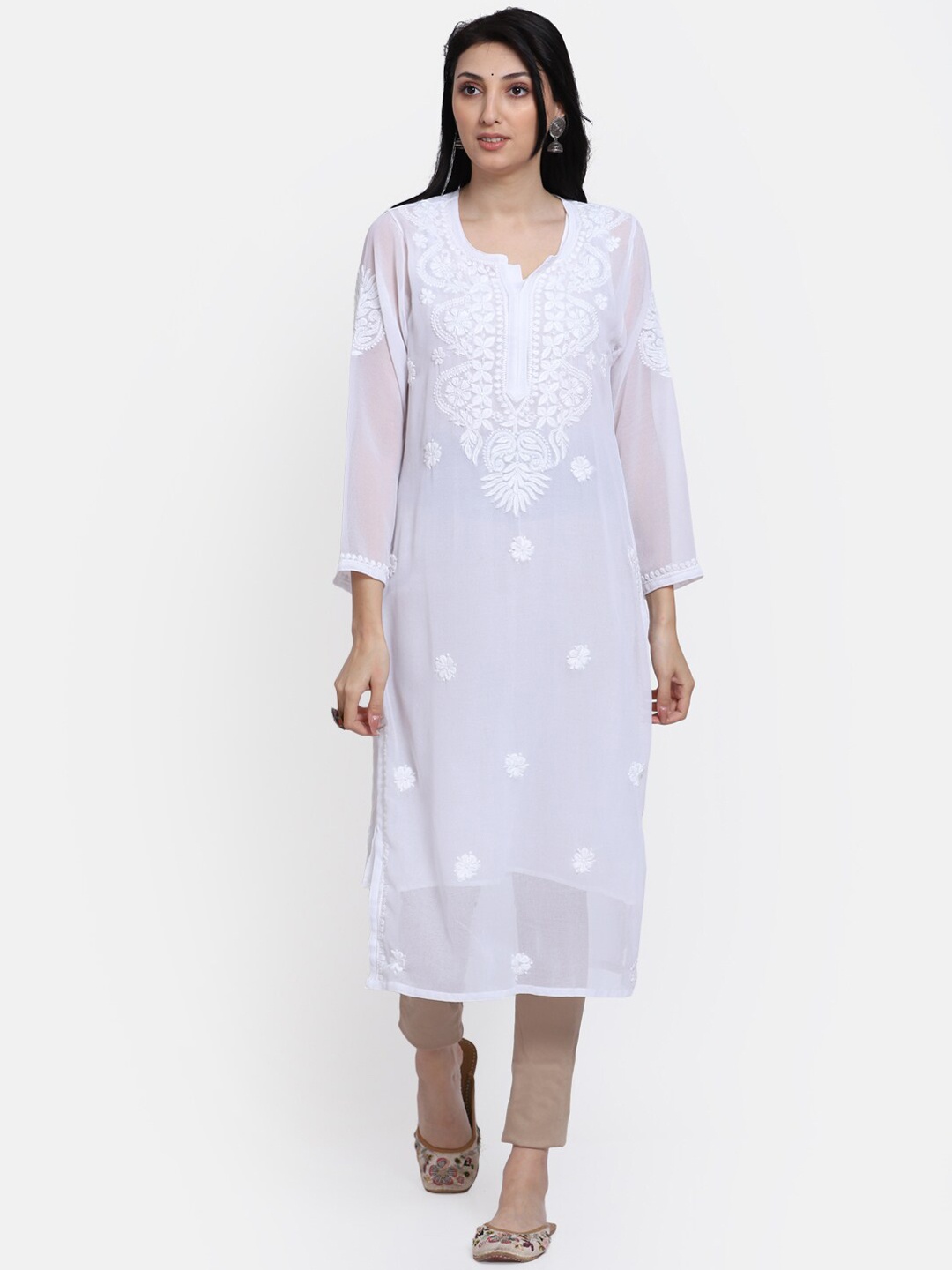 

PARAMOUNT CHIKAN Women White Ethnic Motifs Hand Embroidered Chikankari Georgette Kurta