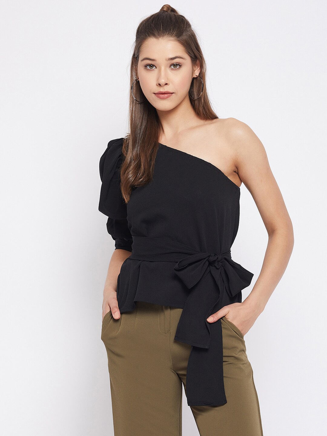 

WineRed Black One Shoulder Crepe Cinched Waist Top