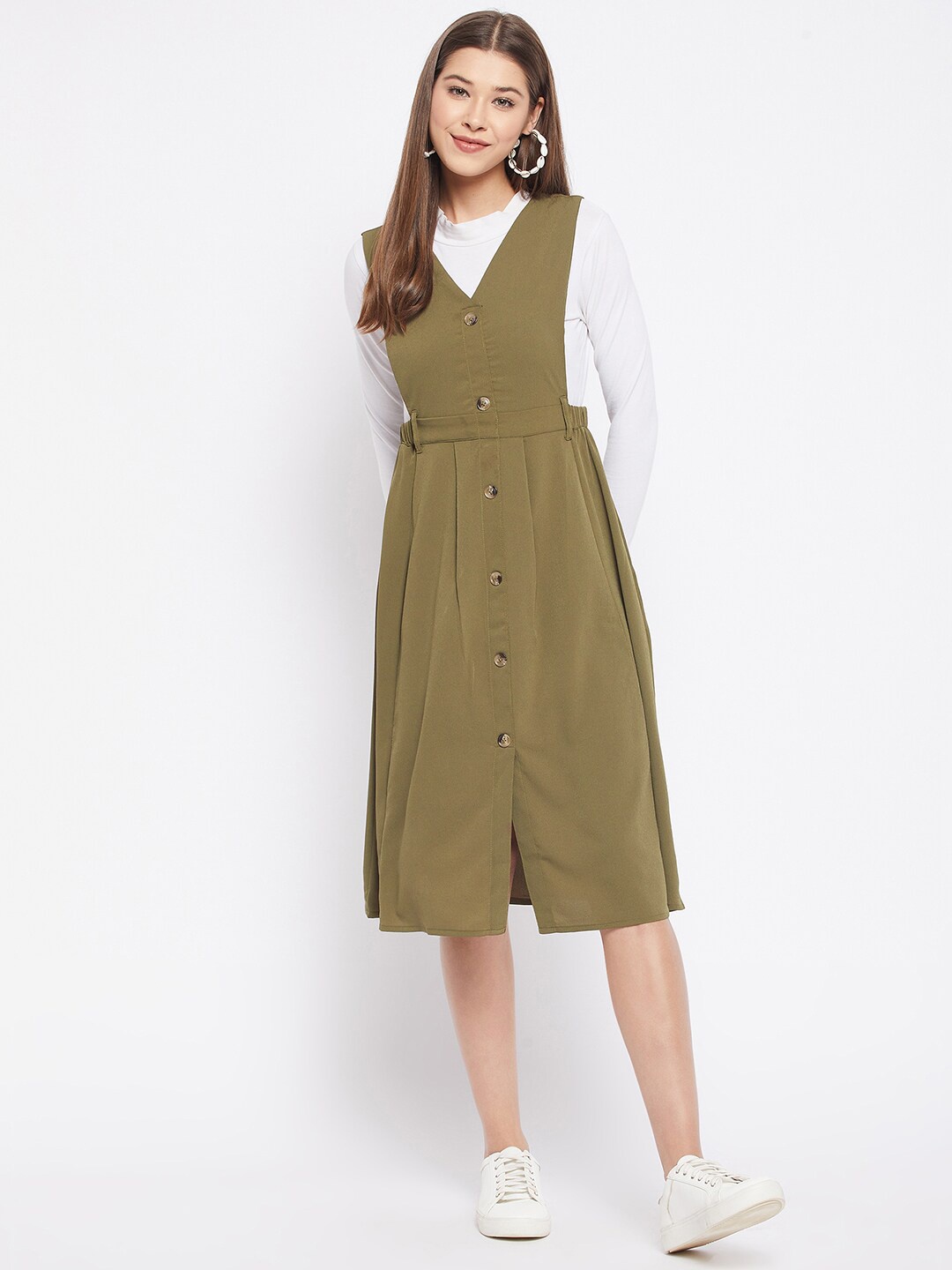 

WineRed Olive Green Solid Pinafore Dress