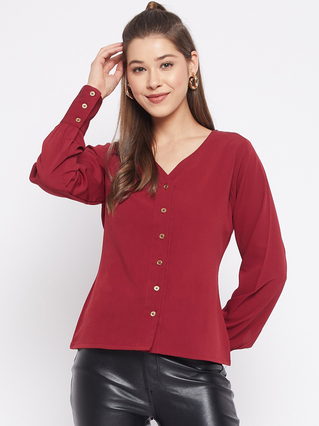 

WineRed Women Maroon Solid V-Neck Button Up Top