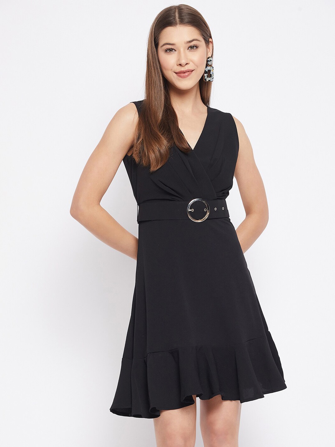 

WineRed Black Solid Crepe Wrap Dress