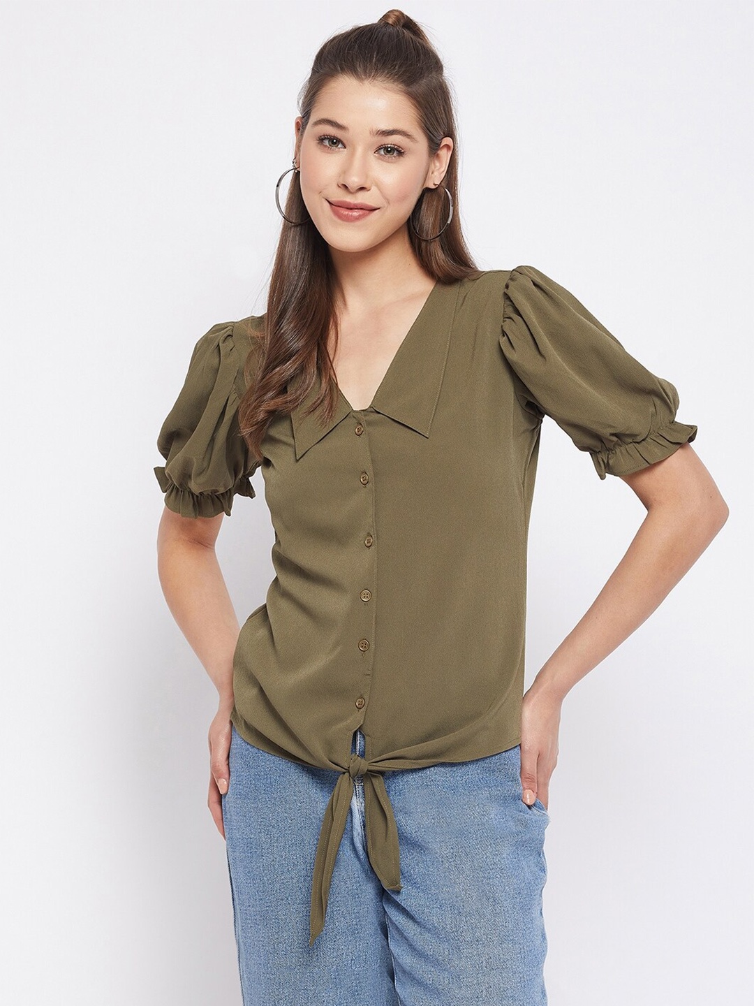 

WineRed Olive Green Crepe Solid Shirt Style Top