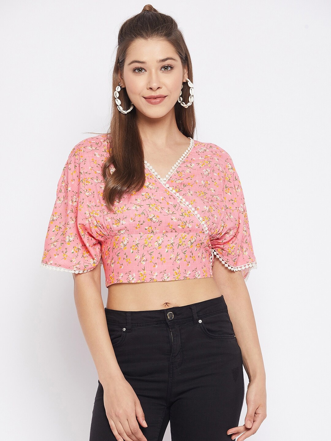 

WineRed Pink & Yellow Floral Printed Extended Sleeves Wrap Crop Top