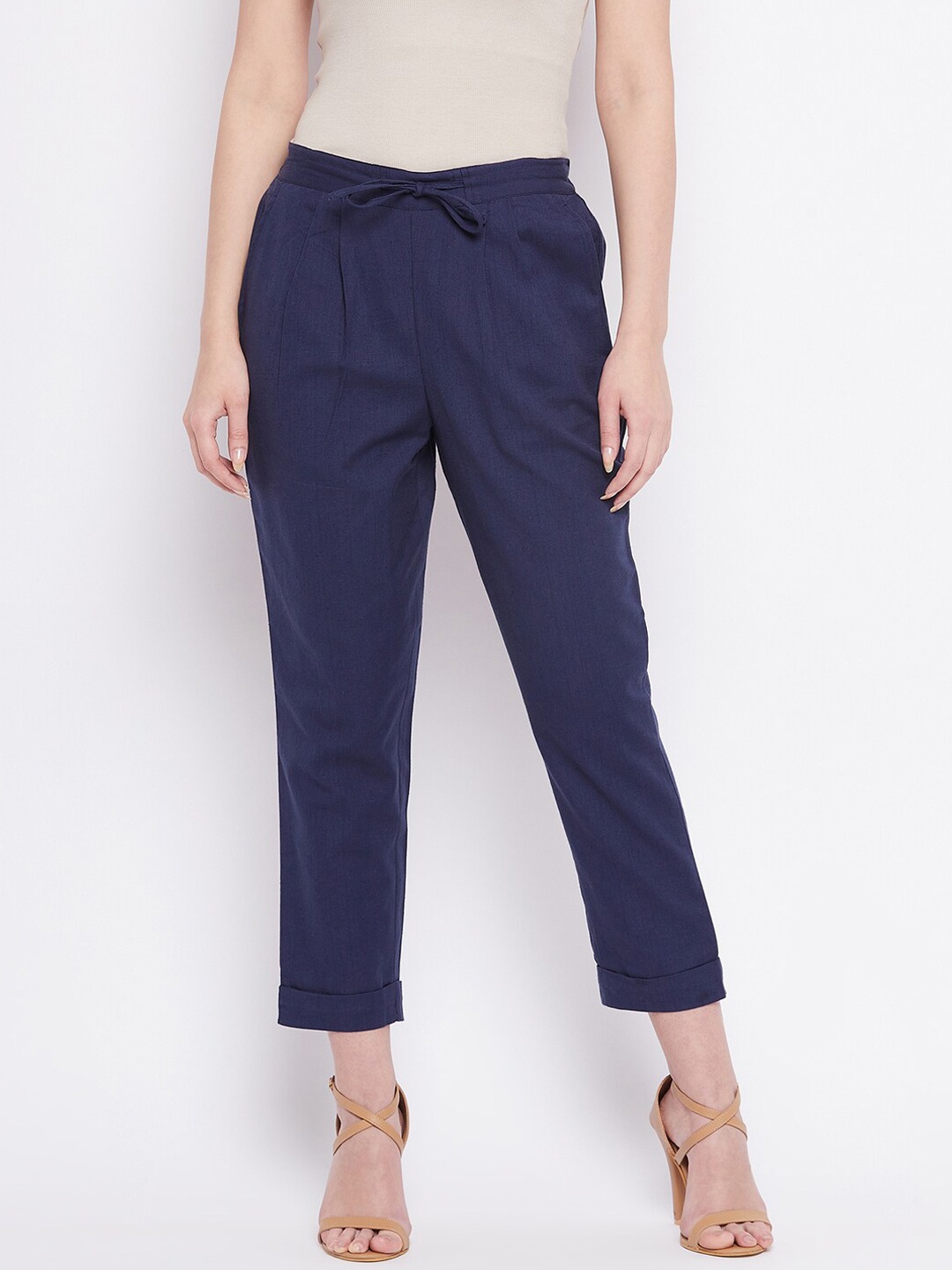 

WineRed Women Navy Blue Solid Pleated Cotton Peg Trousers