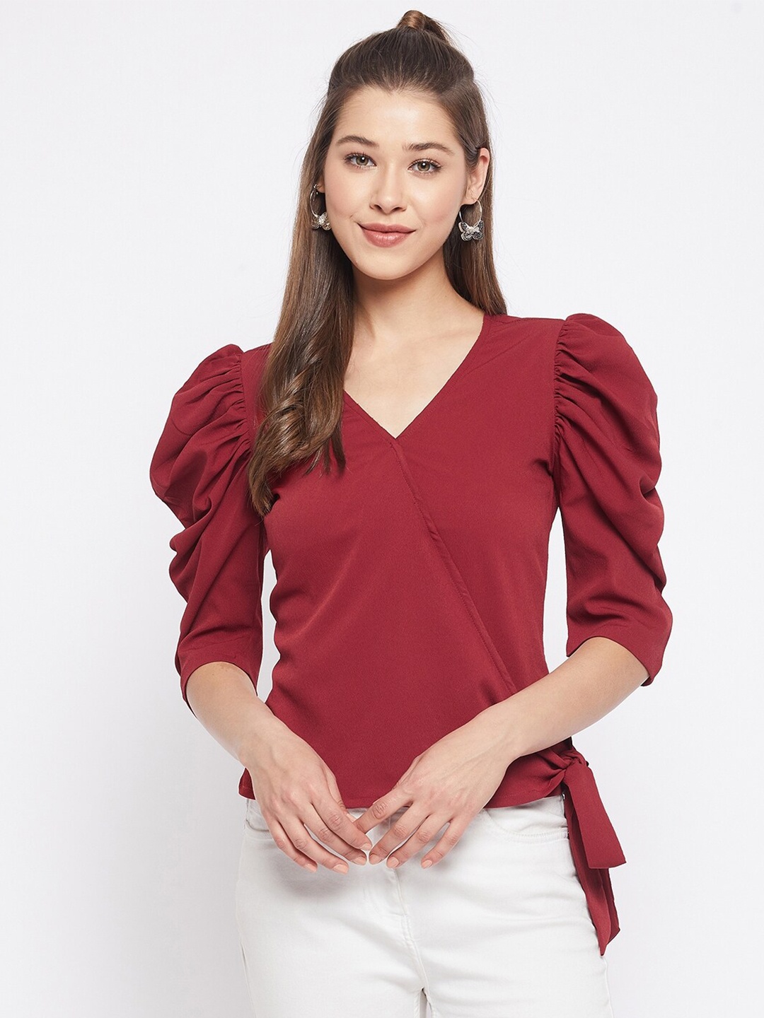 

WineRed Maroon Bishop Sleeves Crepe Tie side Wrap Top